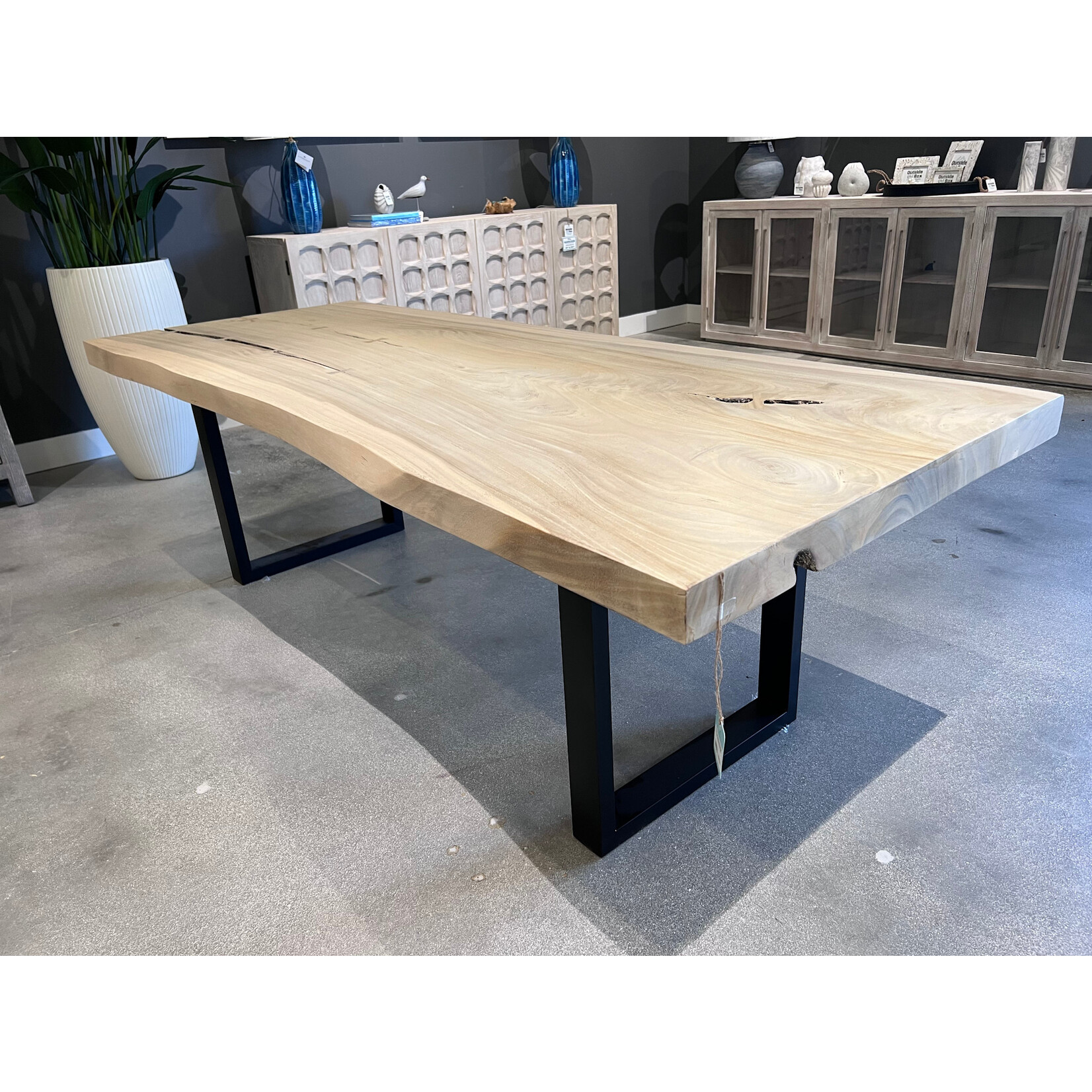 Outside The Box 96x38 Live Edge Gray Bleached Chamcha Wood Dining Table W / Satin Black Base