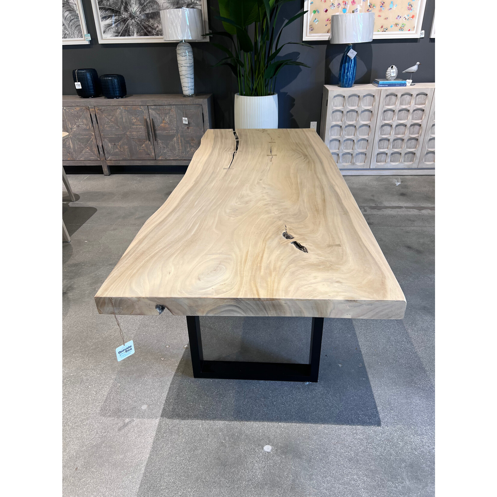 Outside The Box 96x38 Live Edge Gray Bleached Chamcha Wood Dining Table W / Satin Black Base