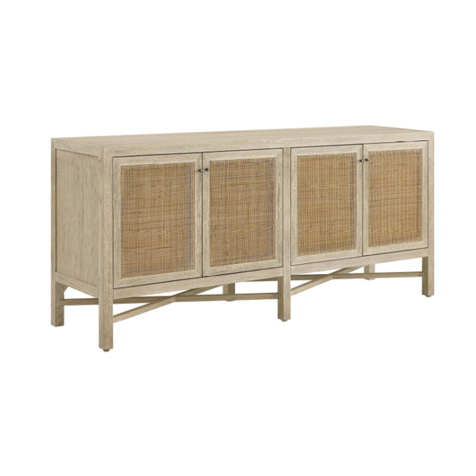 Outside The Box 76x19x34 Dockside Oasis Woven Cane & Warm Oak 4 Door Credenza