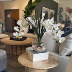 Outside The Box 21" White Orchids & White Rocks In Round Glass Sphere Vase