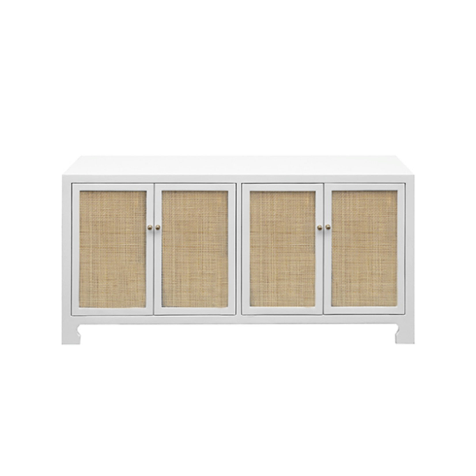 Outside The Box 58x18x30 Worlds Away Sofia White Wood & Hand-Woven Cane 4 Door Cabinet
