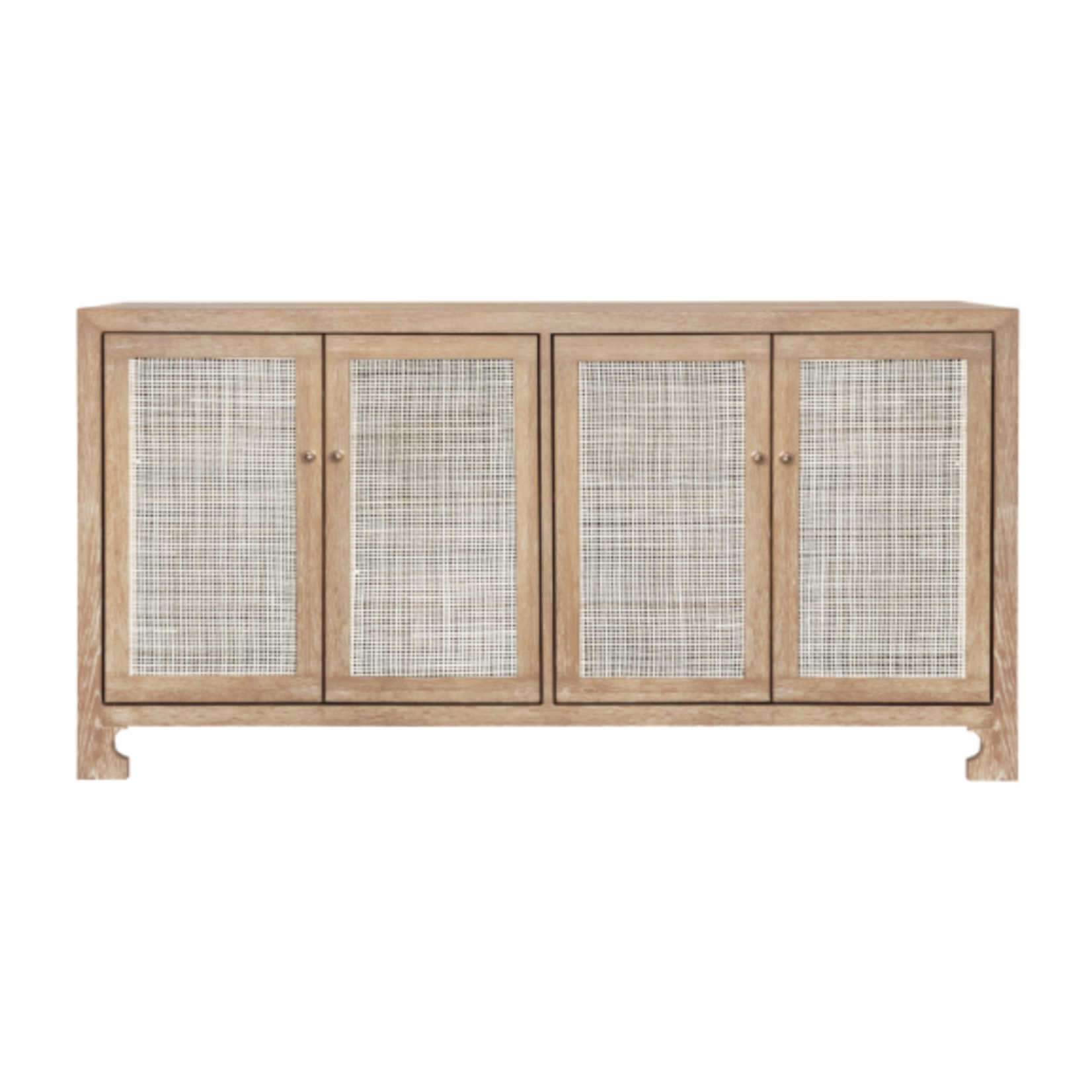 Outside The Box 58x18x30 Worlds Away Sofia White Washed Wood & Hand-Woven Cane 4 Door Cabinet