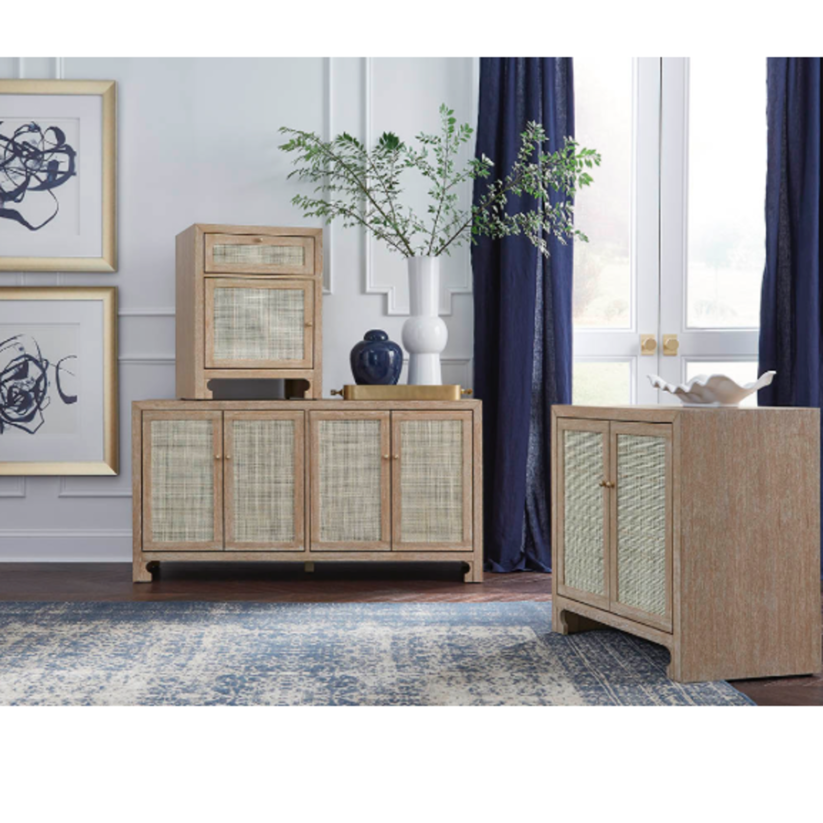 Outside The Box 58x18x30 Worlds Away Sofia White Washed Wood & Hand-Woven Cane 4 Door Cabinet