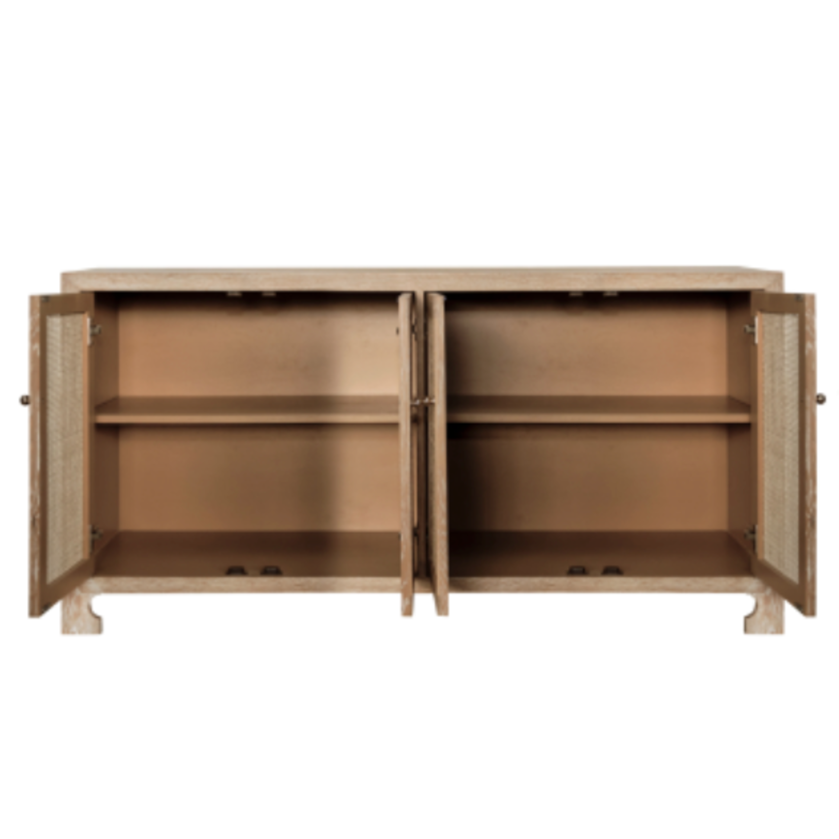 Outside The Box 58x18x30 Worlds Away Sofia White Washed Wood & Hand-Woven Cane 4 Door Cabinet