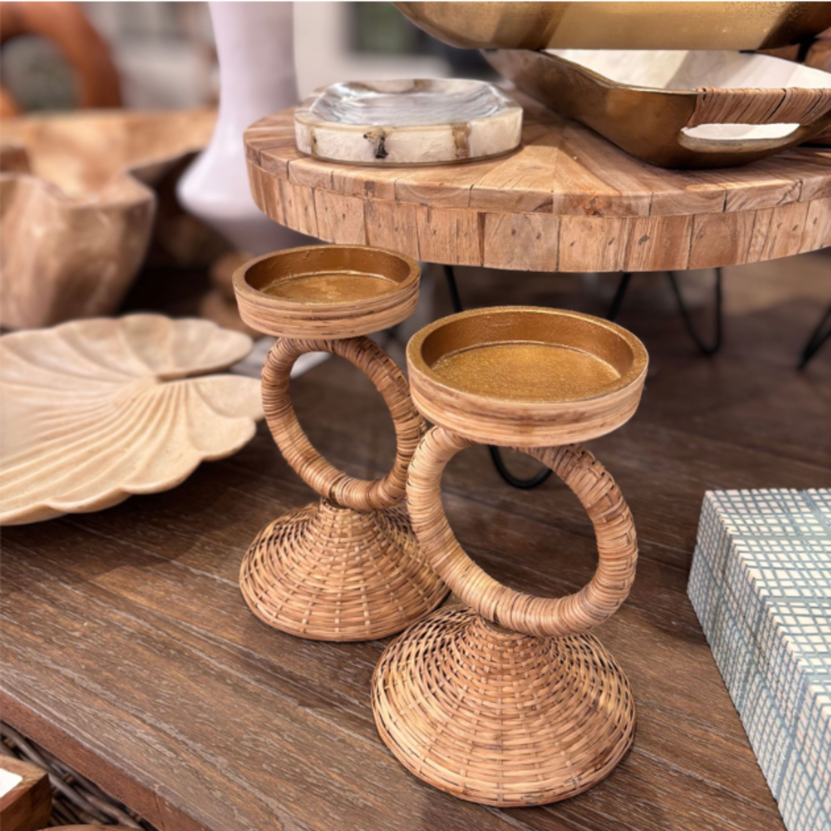 Outside The Box 8" Set Of 2 - Hand Crafted Rattan Wrapped Pillar Candleholder