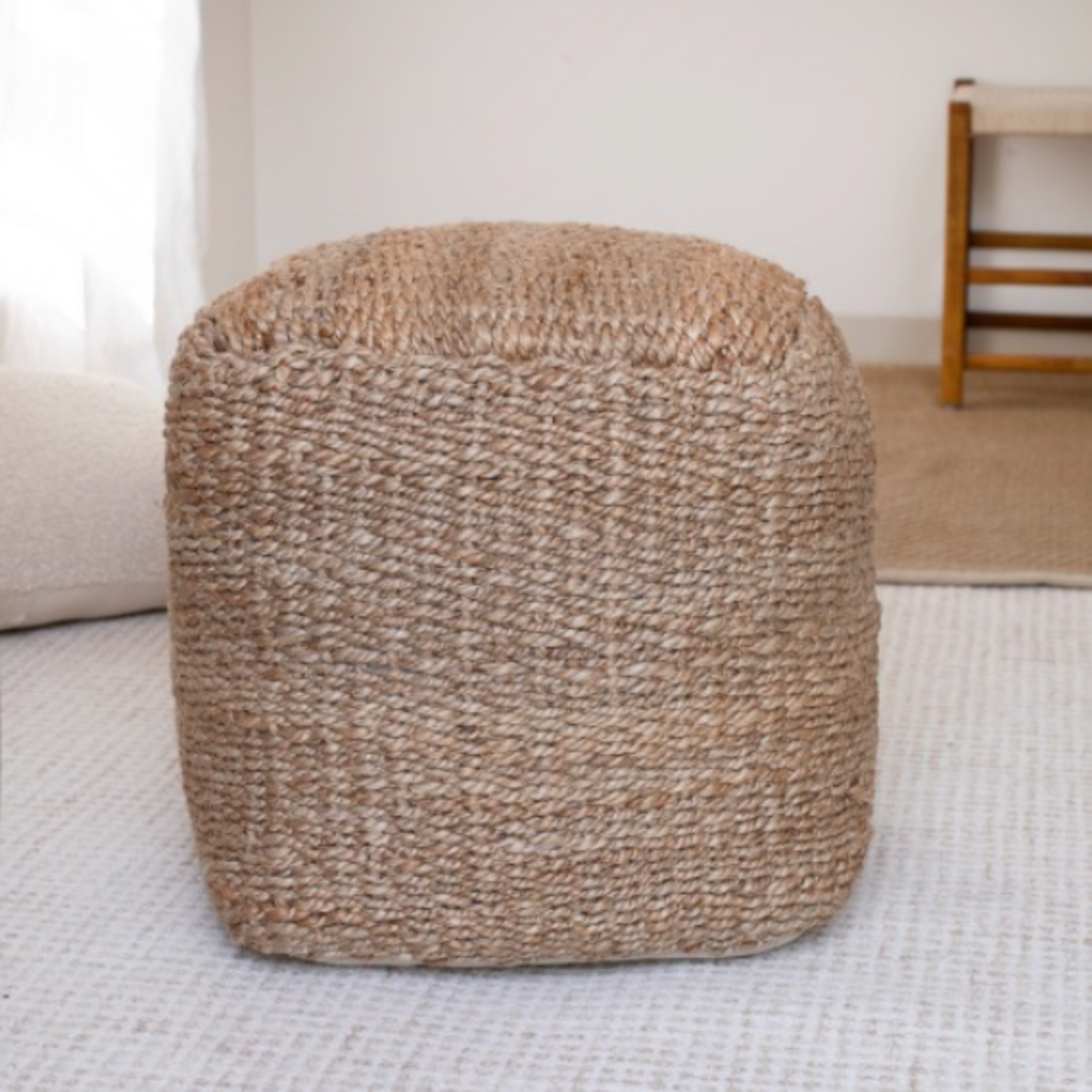 Outside The Box 18x18 Natural Jute / Cotton Blend Hand Woven Pouf