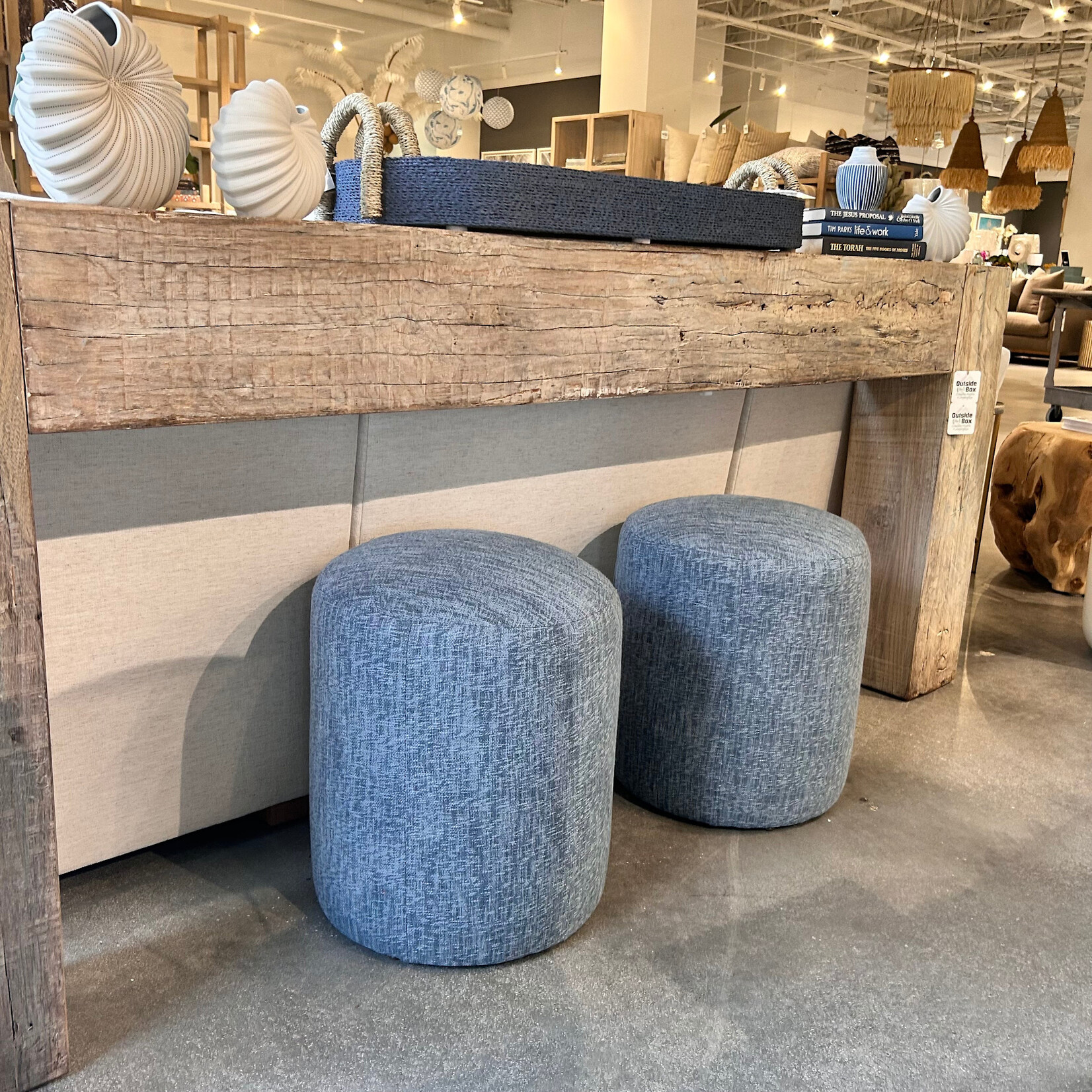 Outside The Box 17x19 Cleo Bone Blue Kid Proof Performance Round Ottoman BU104-02 (AA)