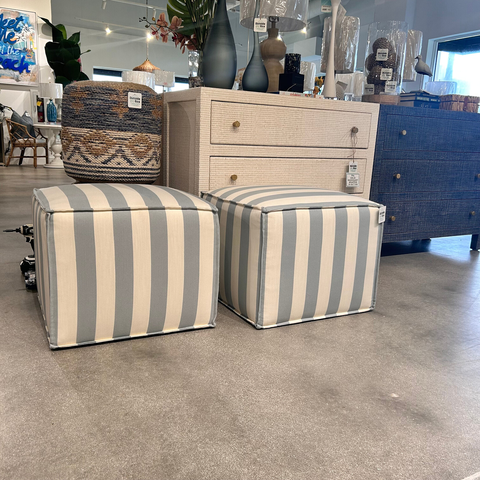 Outside The Box 22x22x19 Porto Federal Blue Stripes Kid Proof Performance Square Pouf Ottoman - VO108-52 (HH)