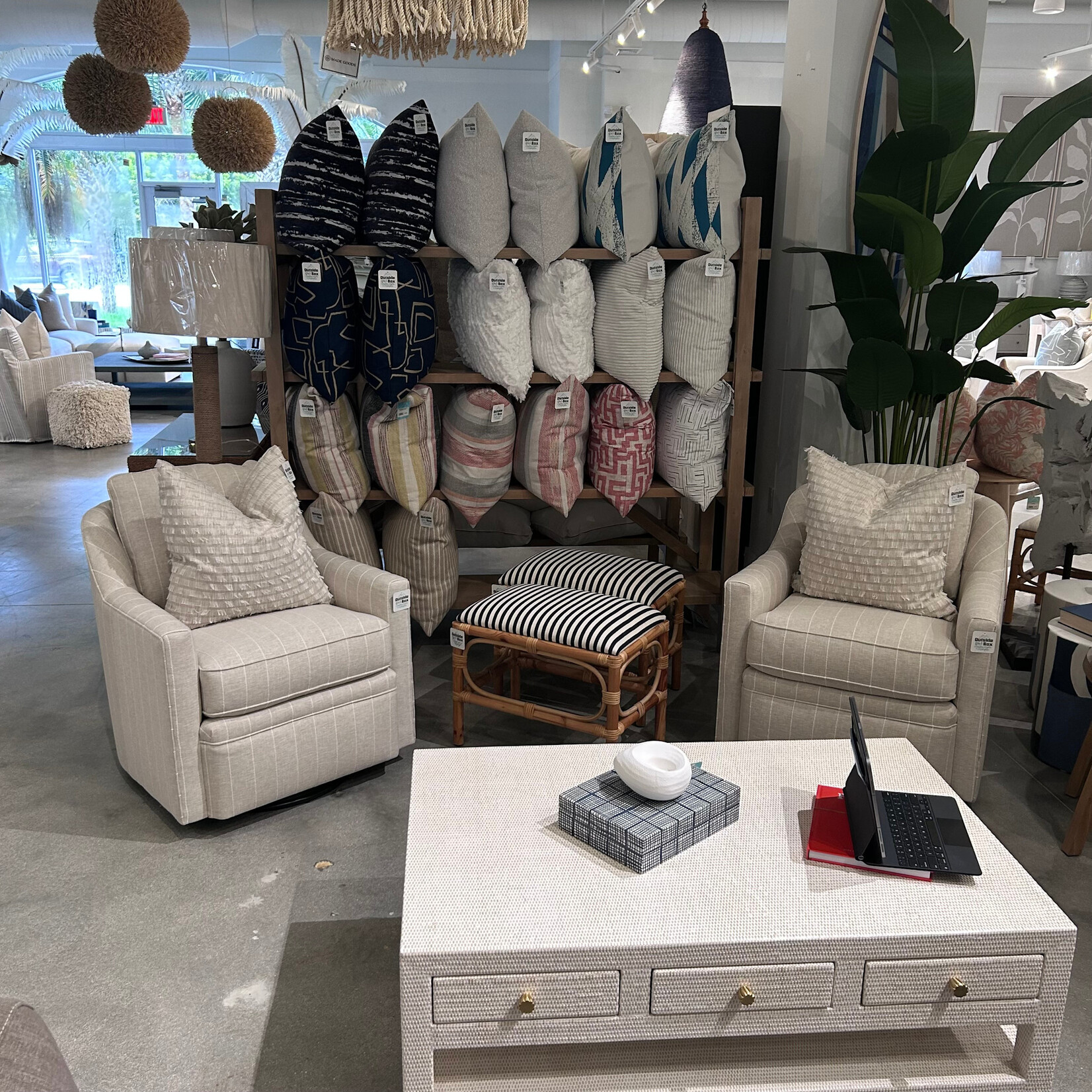 Outside The Box Hollis Natural W / Stripe Kid Proof Performance Fabric Upholstered Classic Cushion Swivel Glider Chair RA251-19 (AA)