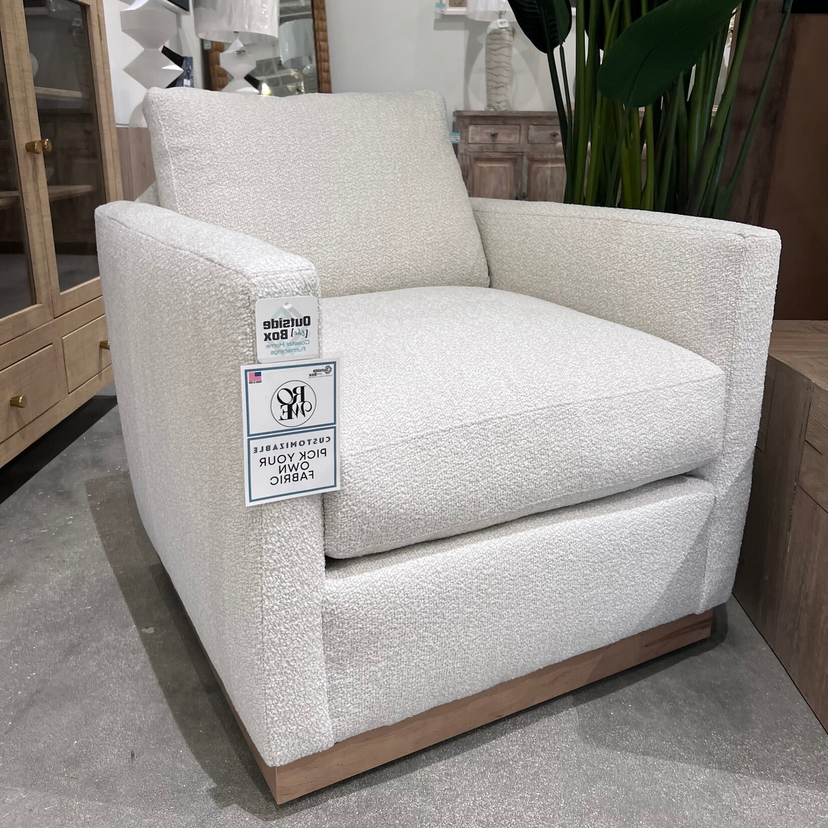 Outside The Box Allie Bone White Boucle Performance Fabric Upholstered Swivel Chair Washed Oak Base RV106-43 (AA)