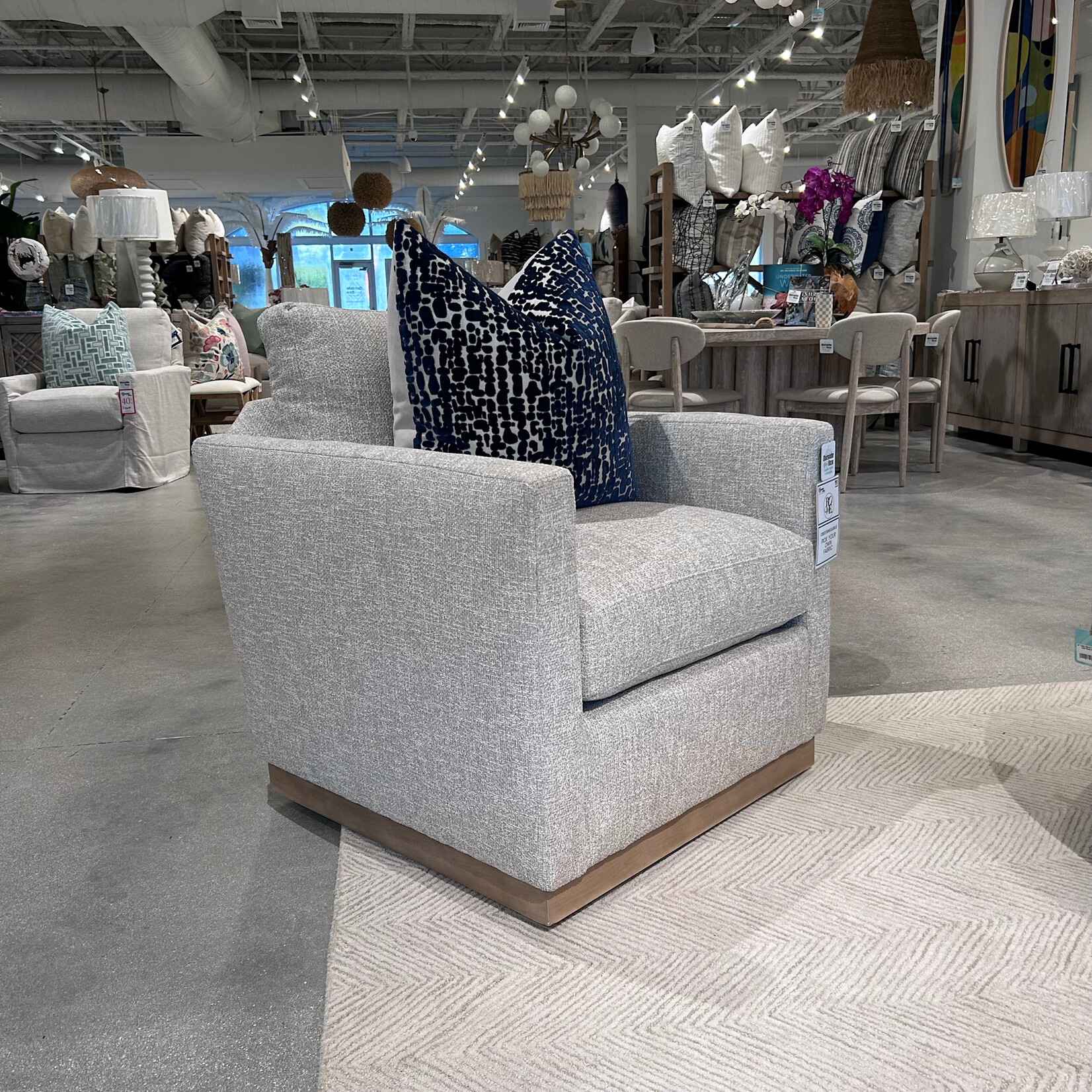 Outside The Box Allie Sand Kid Proof Performance Upholstered Cloud Swivel Chair Washed Oak Base CF105-50 (X)