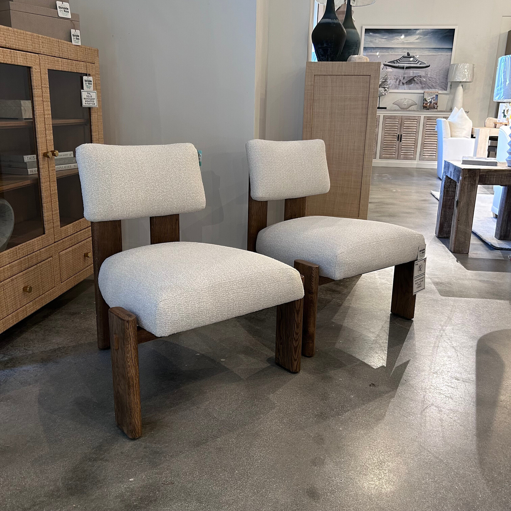 Outside The Box Cassius Bone White Boucle Performance Fabric French Press Wood Accent Chair  RV106-43 (AA)