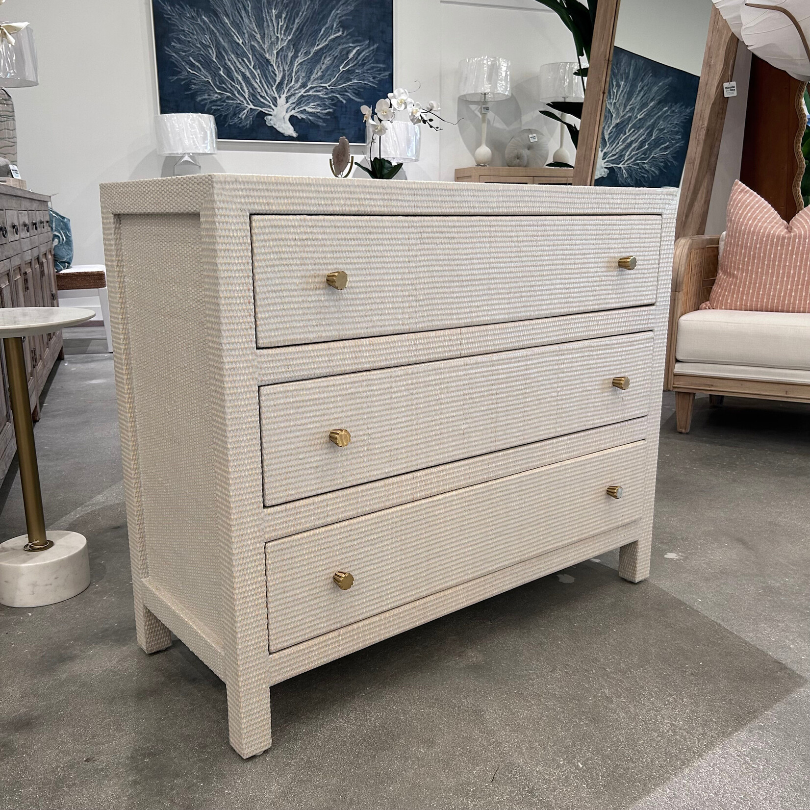 Outside The Box 42x18x35 Kagu Mahogany 3 Drawer Dresser Wrapped In White Rattan - RT01