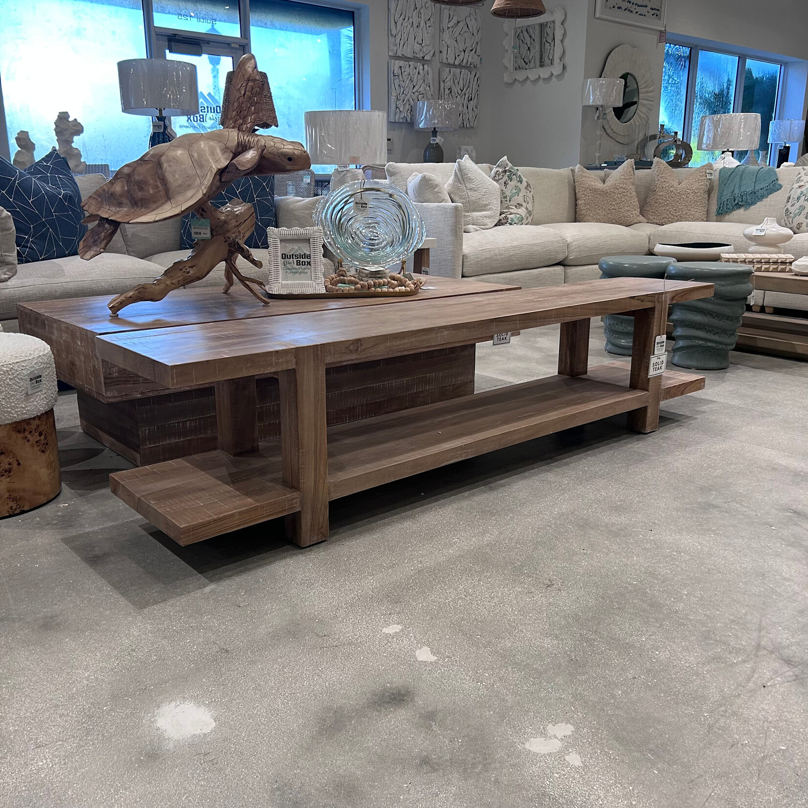 Outside The Box 84x16x20 Tuscan Solid Teach Wood Media Console In White Washed - TWW