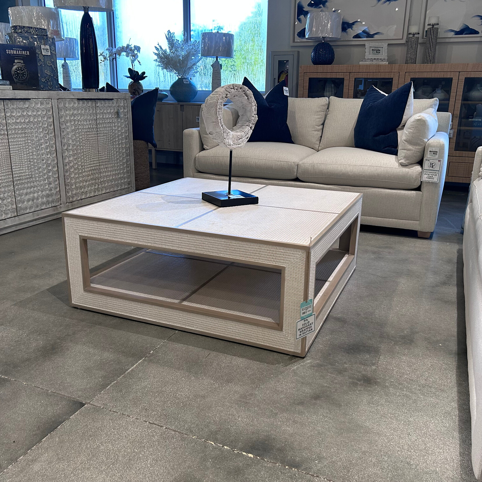 Outside The Box 42x42x17 Finsbury White Washed Rattan & Solid Mahogany Square Coffee Table In Sandbar - SNB / RWWS