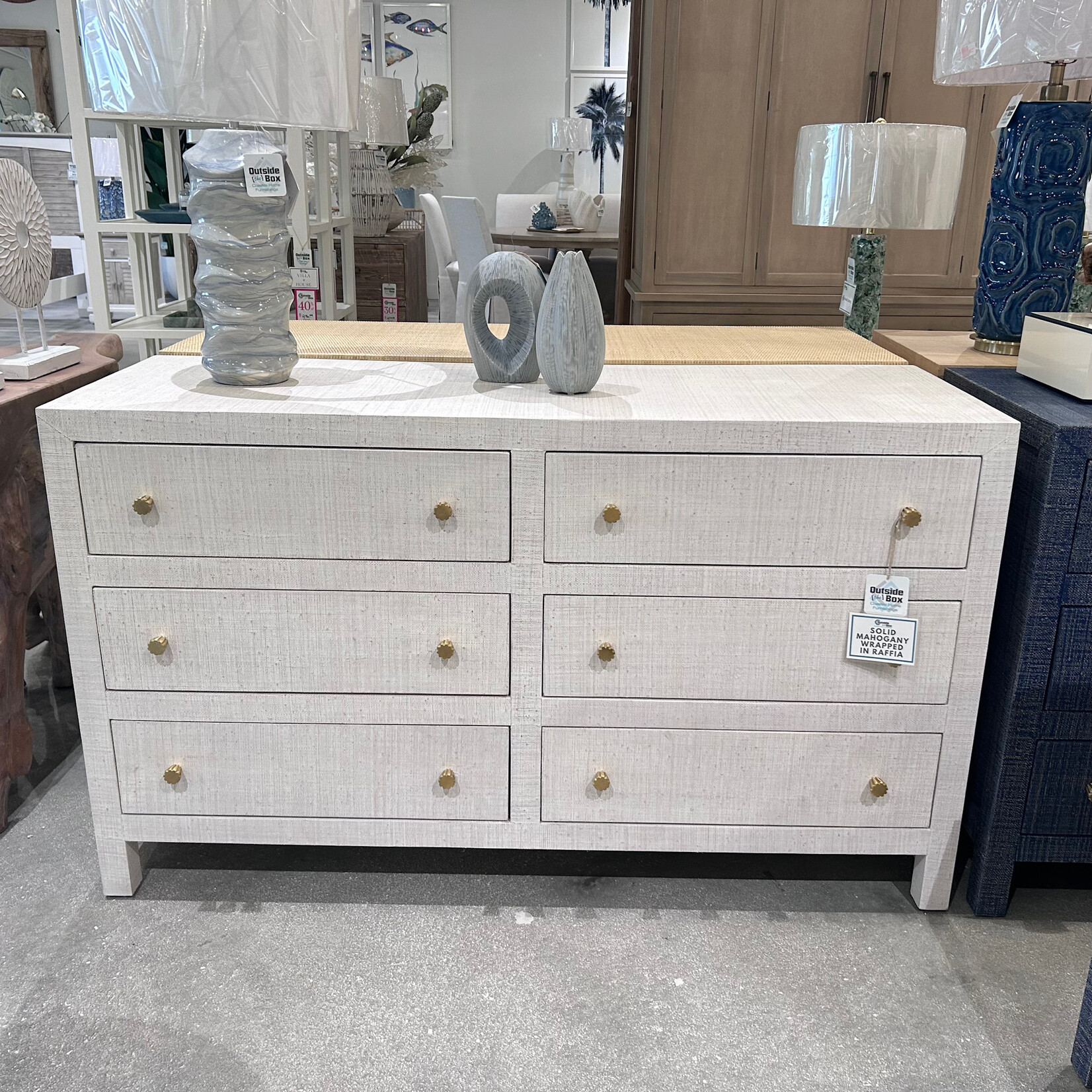 Outside The Box 58x20x34 Kagu Mahogany 6 Drawer Dresser Raffia White Wash - RFWW