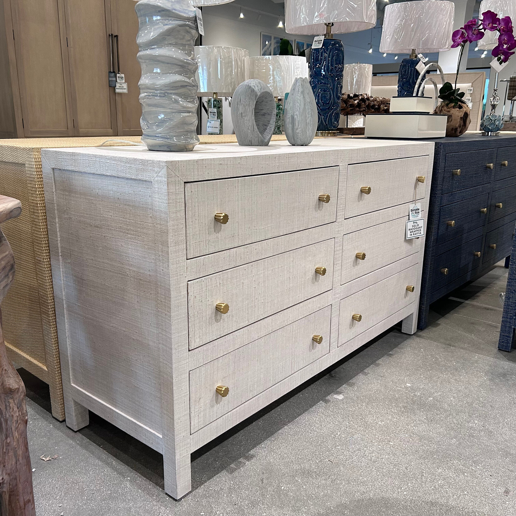 Outside The Box 58x20x34 Kagu Mahogany 6 Drawer Dresser Raffia White Wash - RFWW