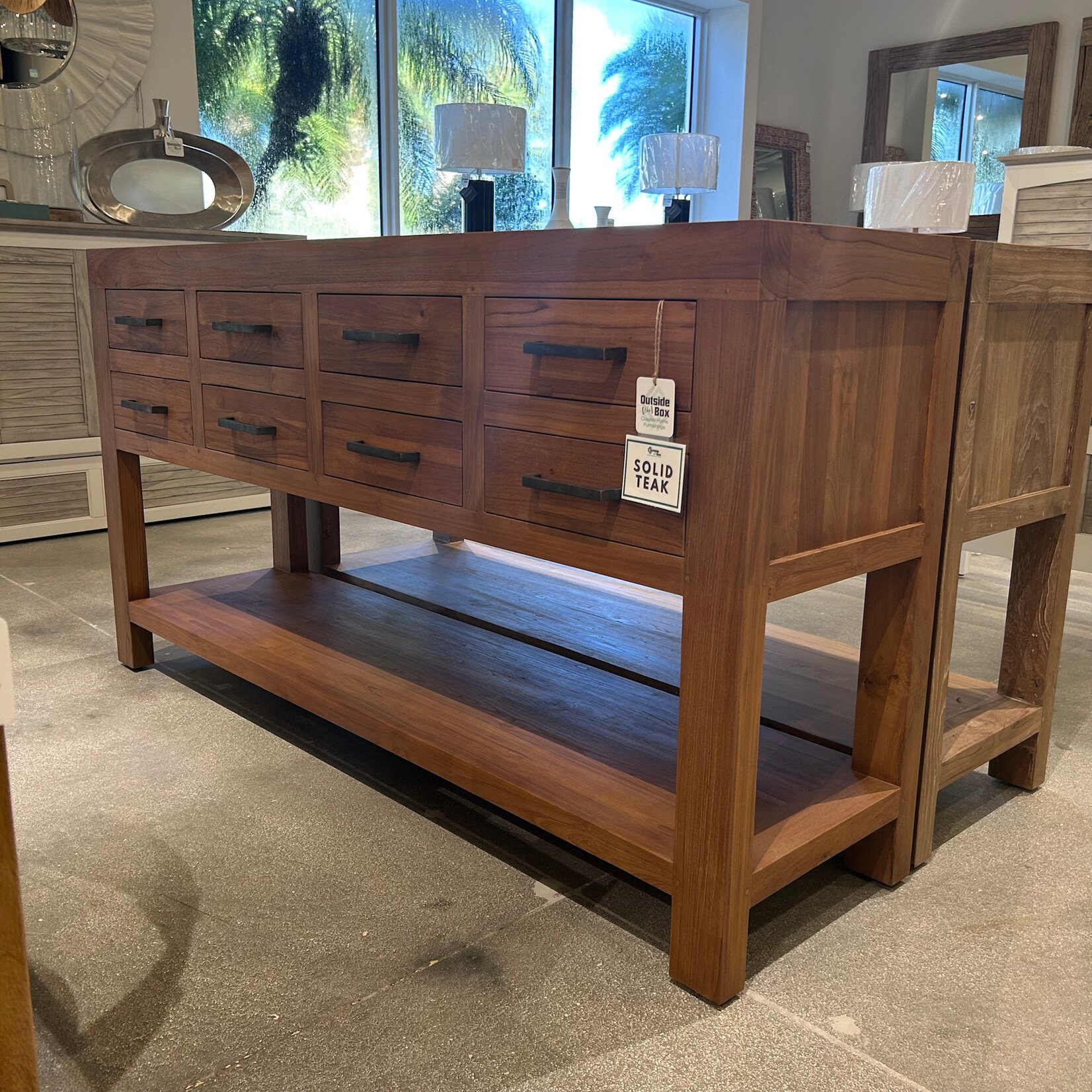 Outside The Box 67x18x31 Tuscan Rustic Solid Teak Wood 8 Drawer Console Table In Weathered Distressed - TRN-TWD