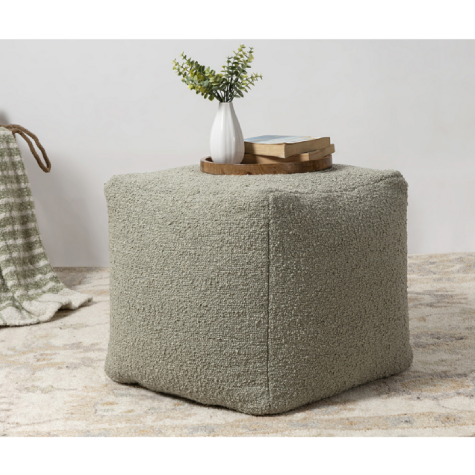 Outside The Box 18x18x18 Green Hand Woven 100% Polyester Square Ottoman / Pouf