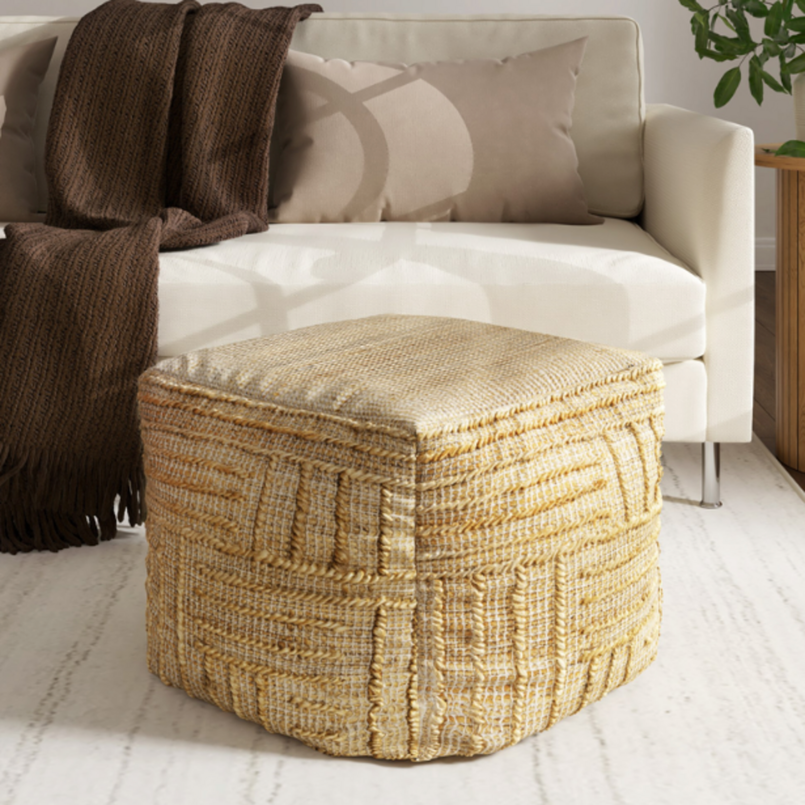 Outside The Box 18x18 Natural Hand Woven Jute Blend  Square Ottoman / Pouf