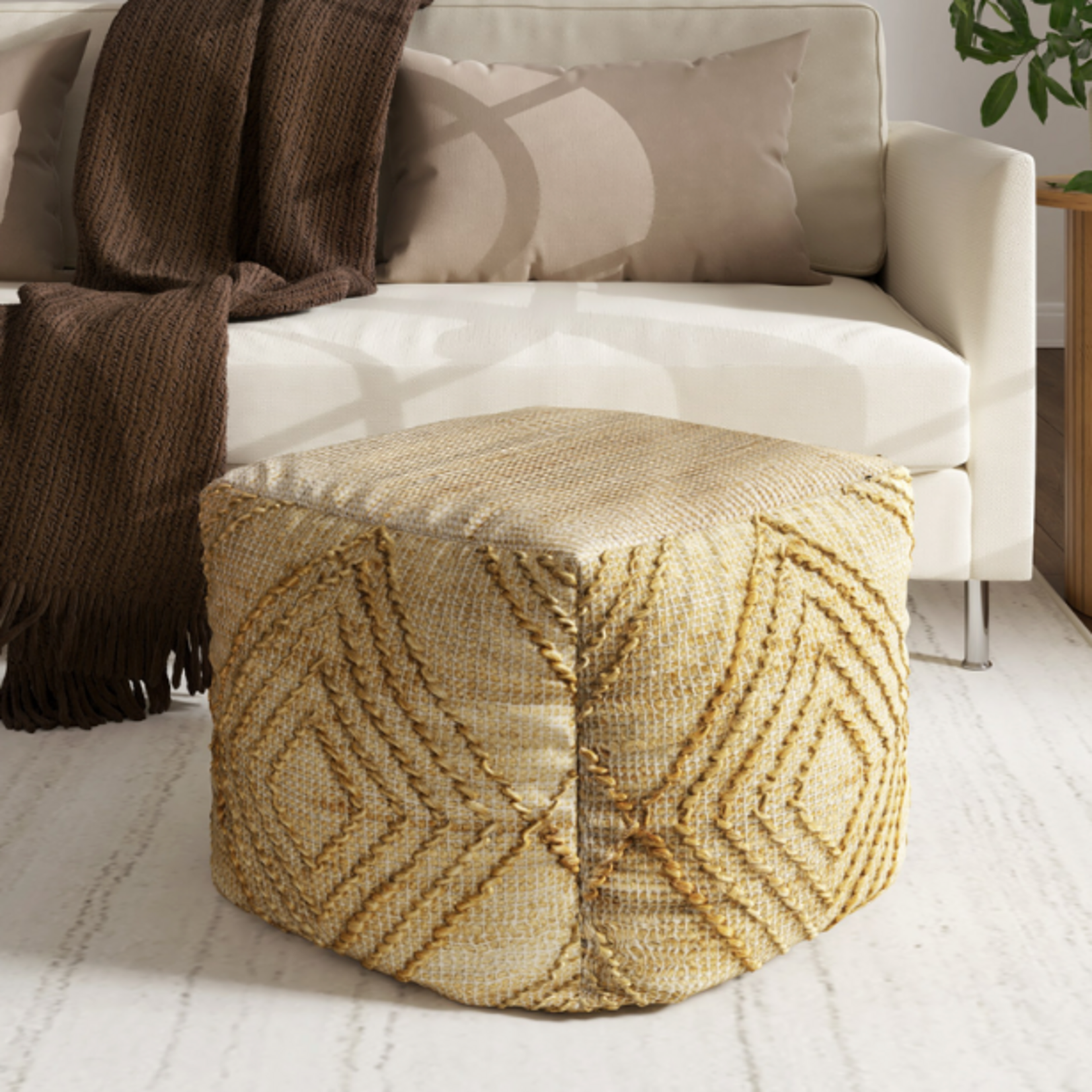 Outside The Box 18x18 Diamond Natural Hand Woven Jute Blend  Square Ottoman / Pouf