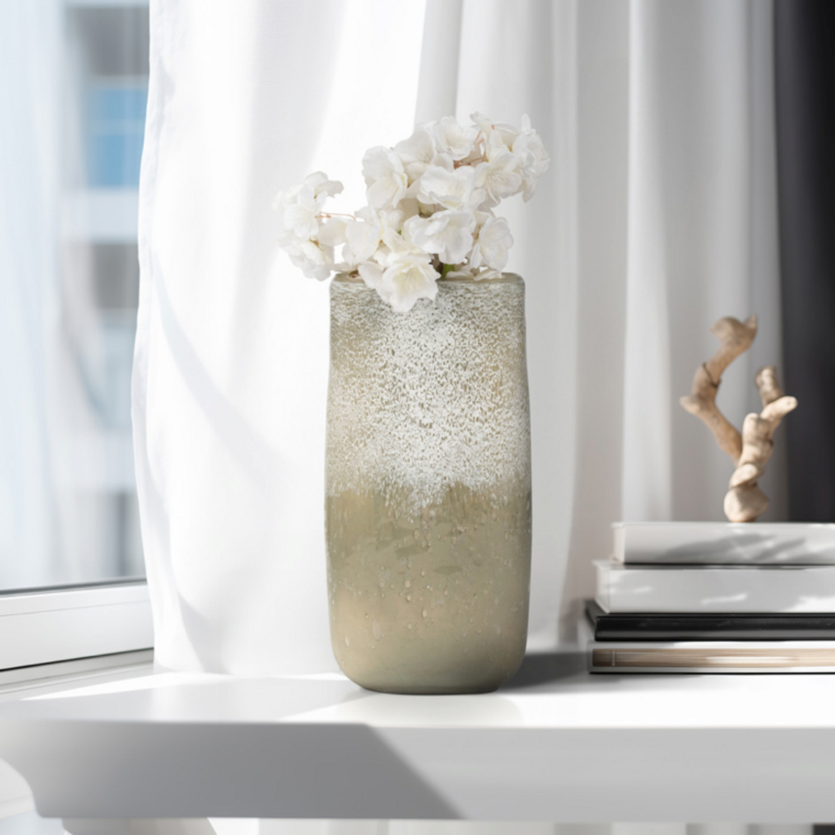 Outside The Box 13" Mia Olive Green & White Frost Glass Vase