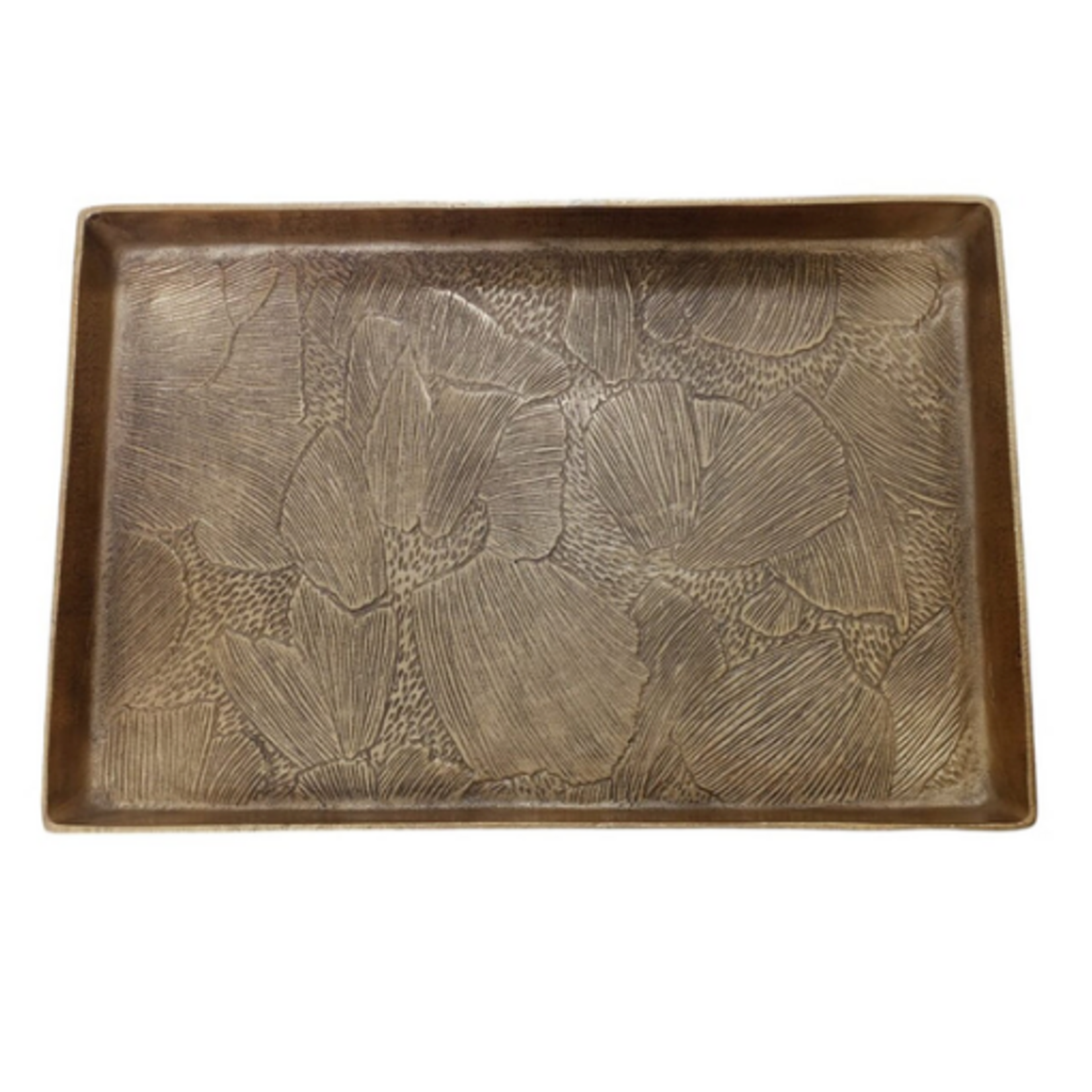 Outside The Box 24x16 Antique Brass Floral Embossed Metal Rectangular Tray