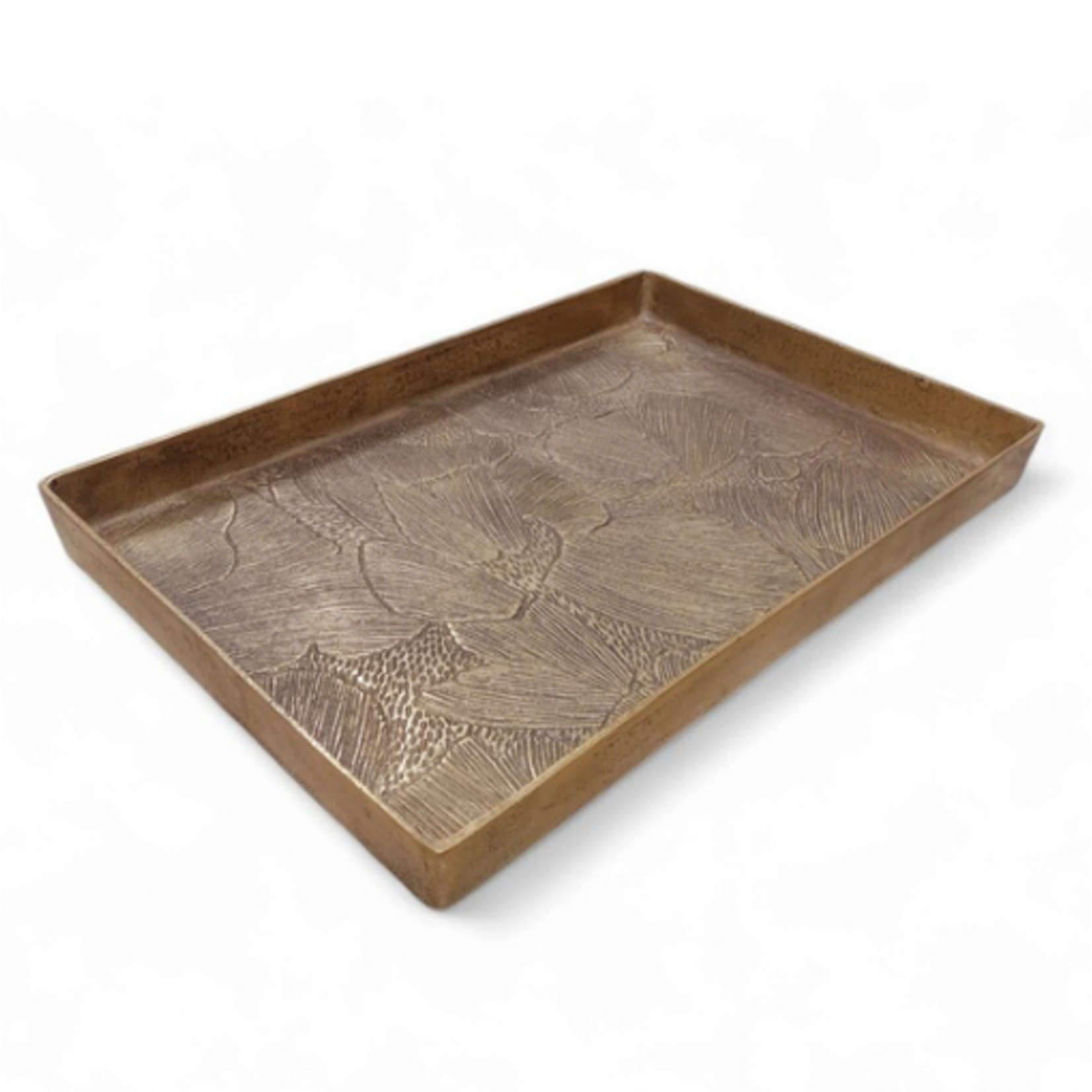 Outside The Box 24x16 Antique Brass Floral Embossed Metal Rectangular Tray