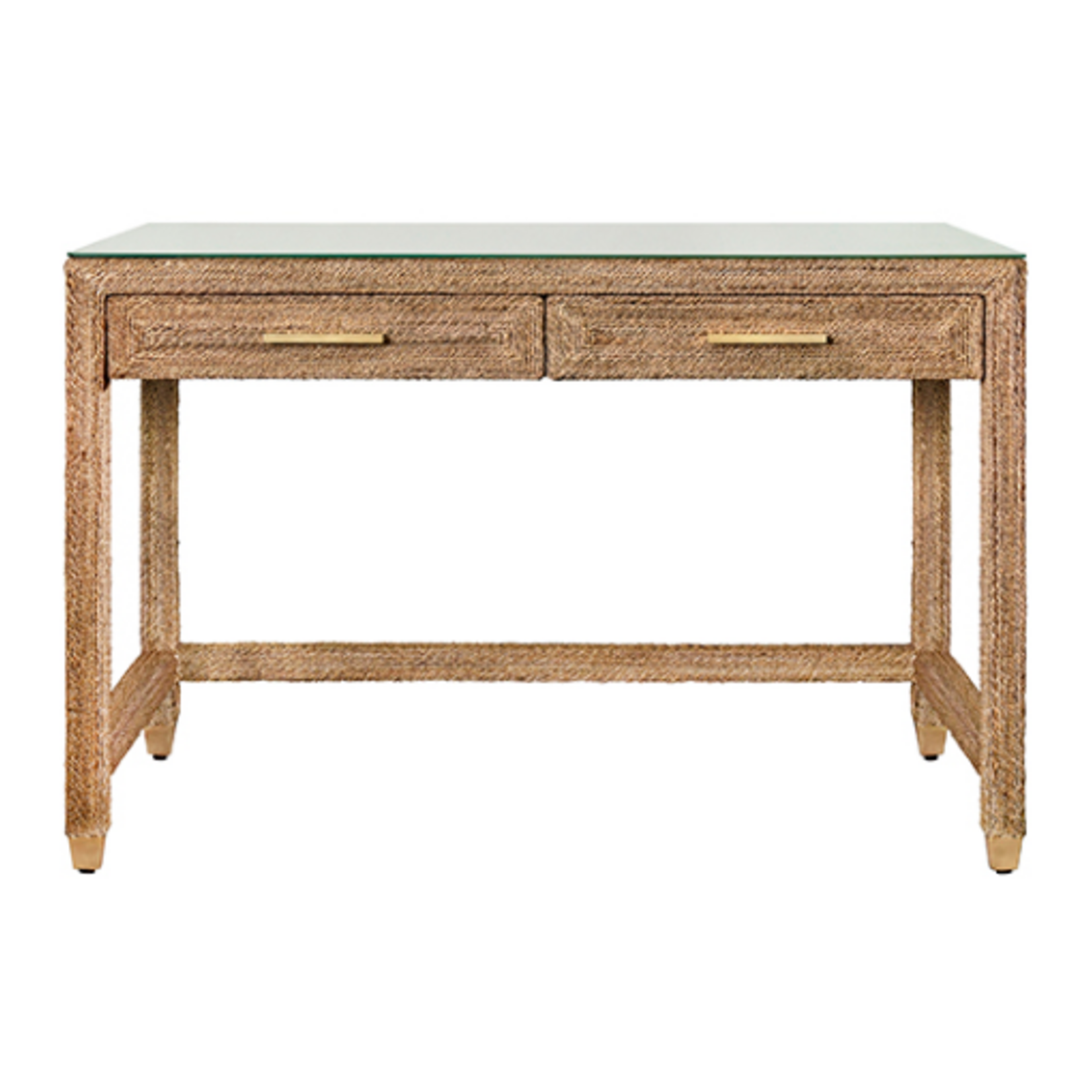 Outside The Box 48x24x32 Noble Natural Rattan Wrapped  2 Drawer Desk W / Glass Top