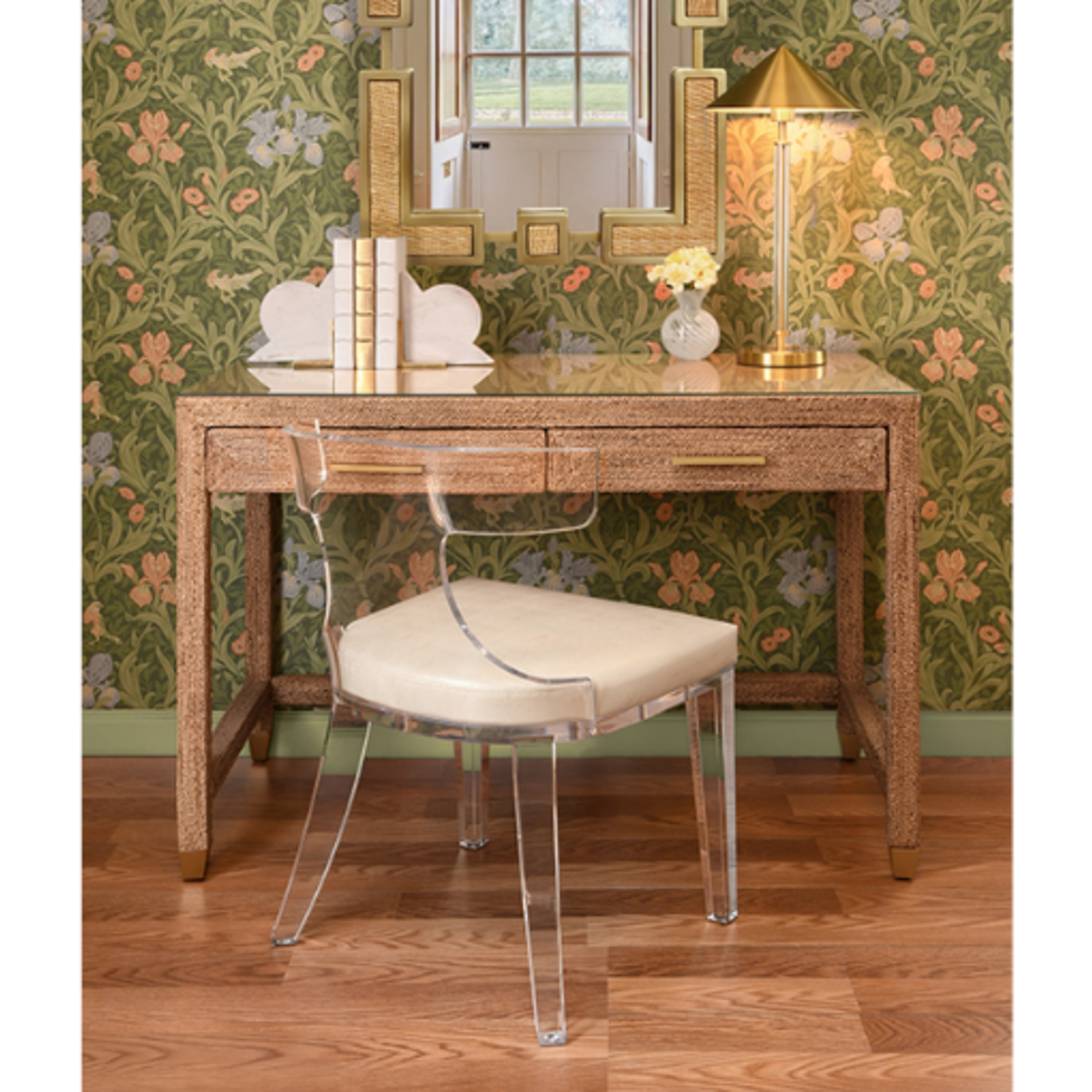 Outside The Box 48x24x32 Noble Natural Rattan Wrapped  2 Drawer Desk W / Glass Top