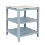 Outside The Box 22x22x28 Worlds Away Amie Linen Wrapped Side Table W / Glass Top In Light Blue