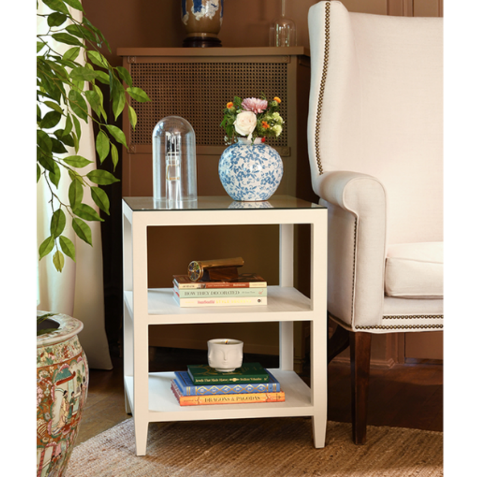 Outside The Box 22x22x28 Worlds Away Amie Linen Wrapped Side Table W / Glass Top In White