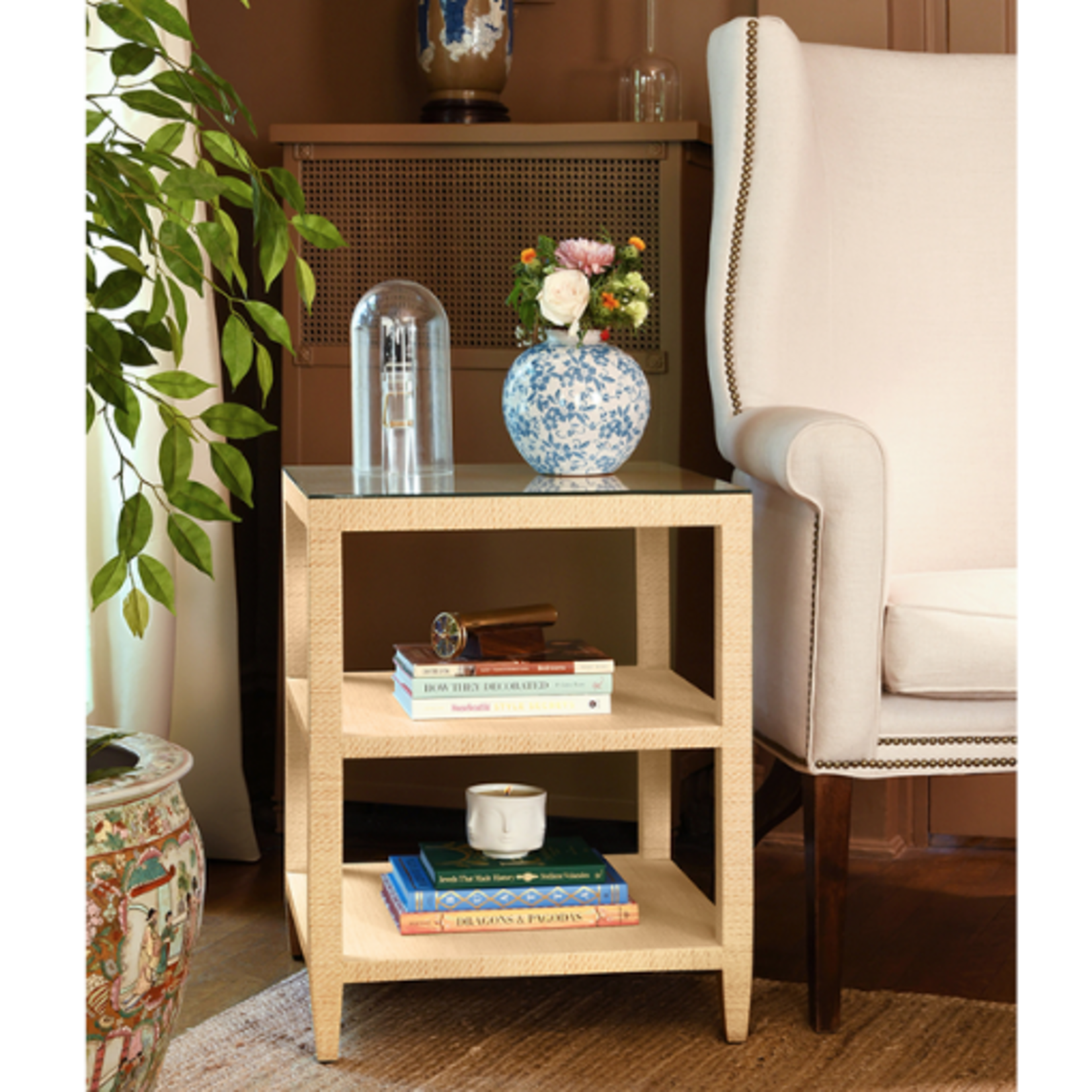 Outside The Box 22x22x28 Worlds Away Amie Grasscloth Wrapped Side Table W / Glass Top In Natural