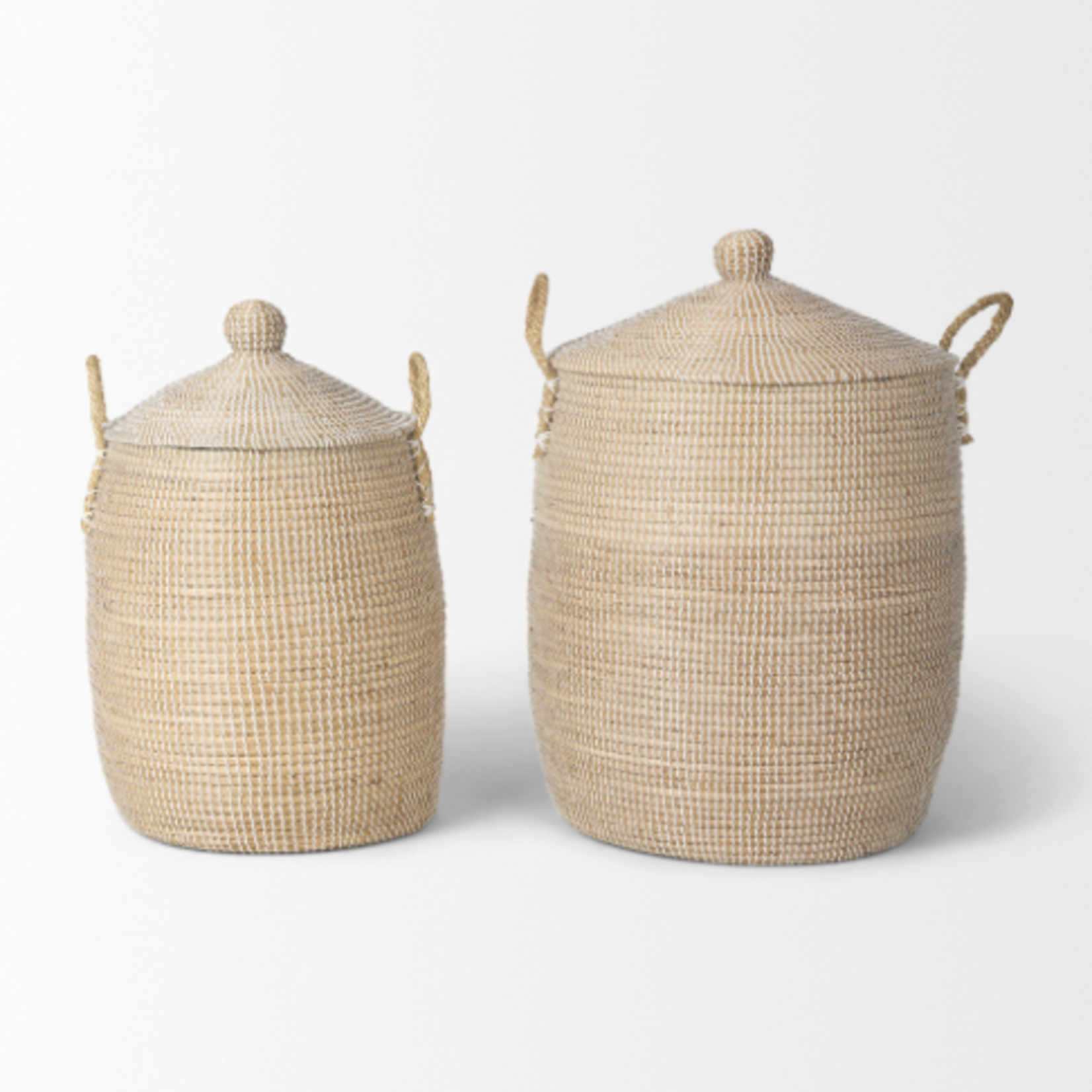 Outside The Box 30" & 19" Set Of 2 Kairi Seagrass Floor Baskets W/ Lids and Handles