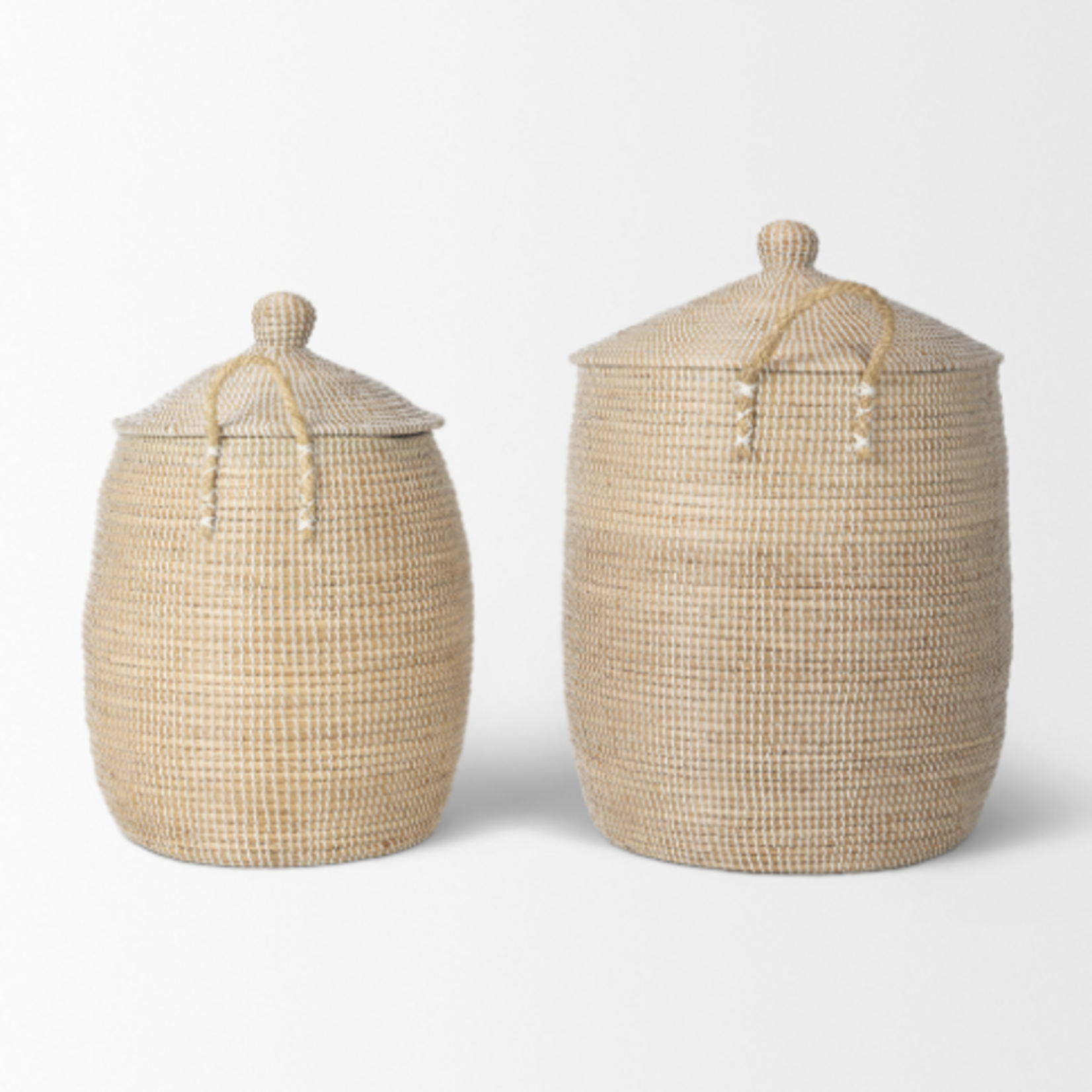 Outside The Box 30" & 19" Set Of 2 Kairi Seagrass Floor Baskets W/ Lids and Handles