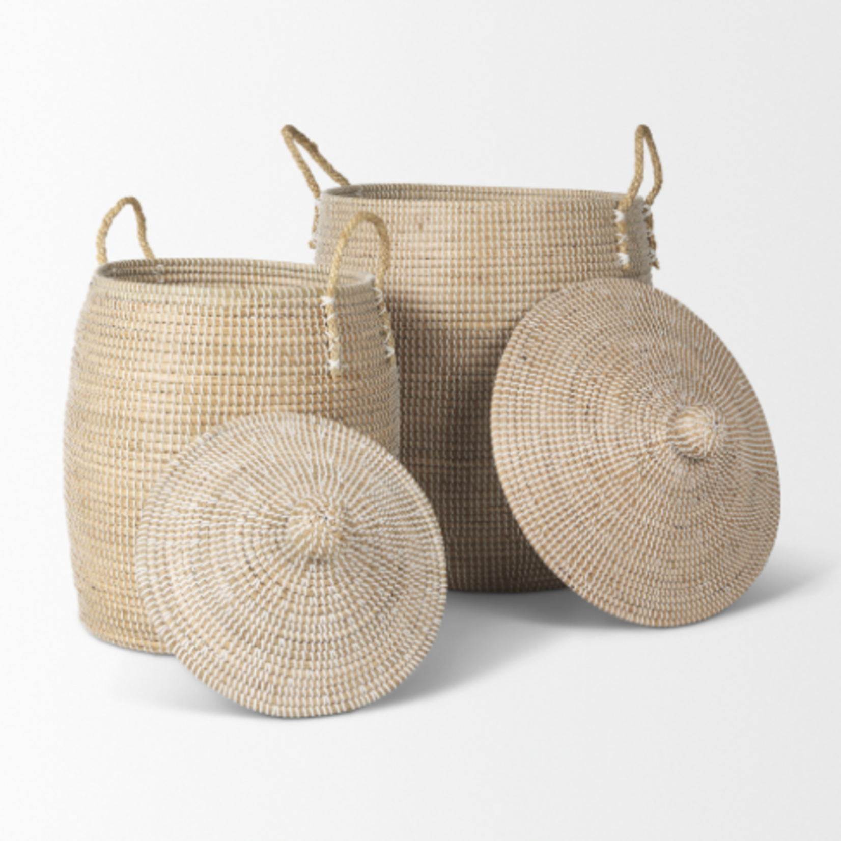 Outside The Box 30" & 19" Set Of 2 Kairi Seagrass Floor Baskets W/ Lids and Handles