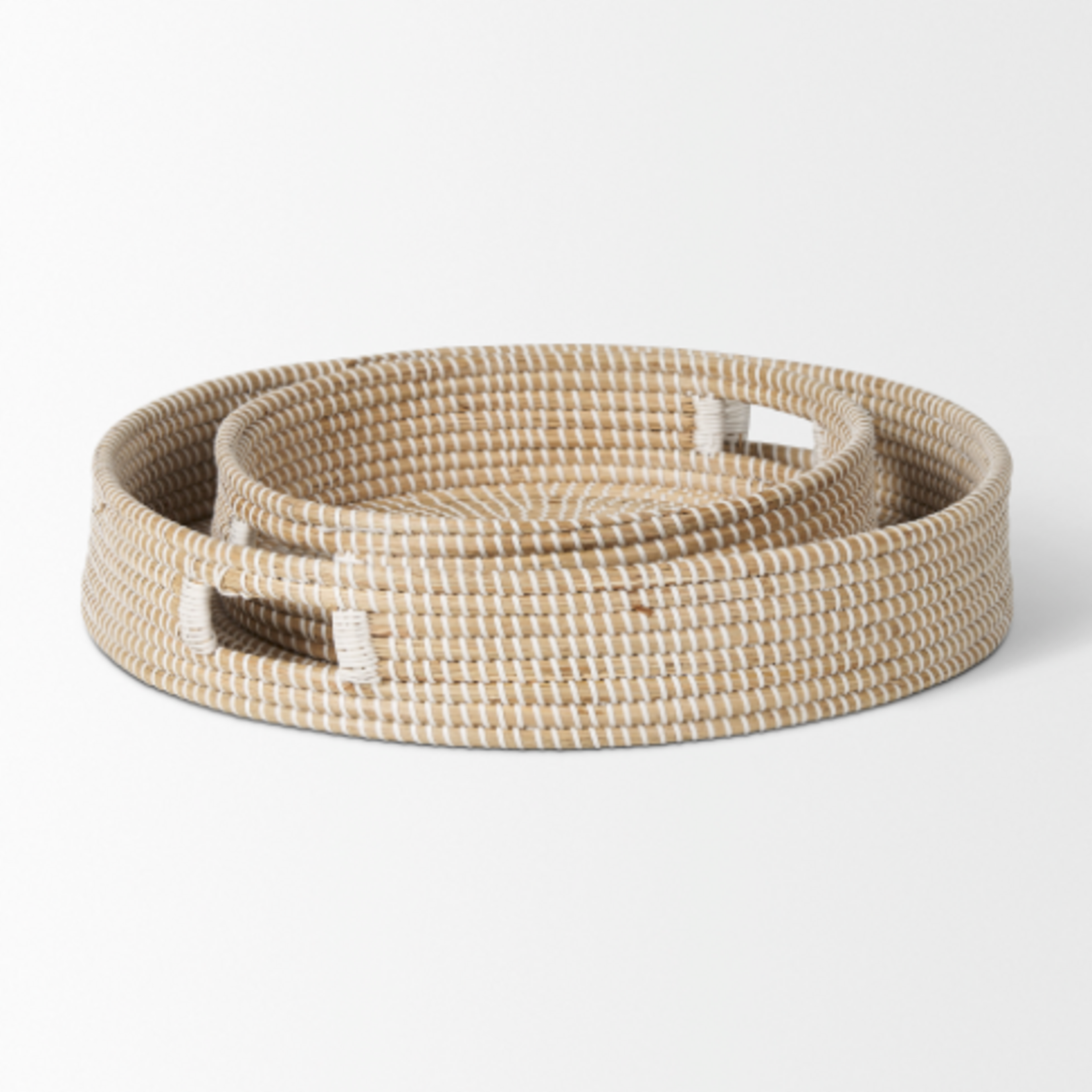 Outside The Box 22" & 16"  Set Of 2 Kalama Large Round Seagrass Trays W/ Lids and Handles