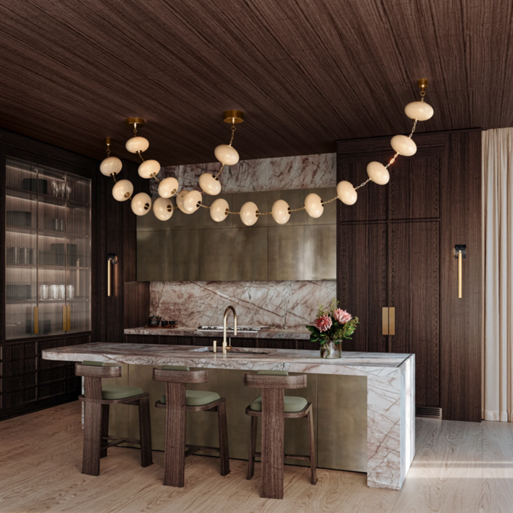 Outside The Box 30" Nephele 8 White Glass Orbs & Vintage Polished Brass Pendant