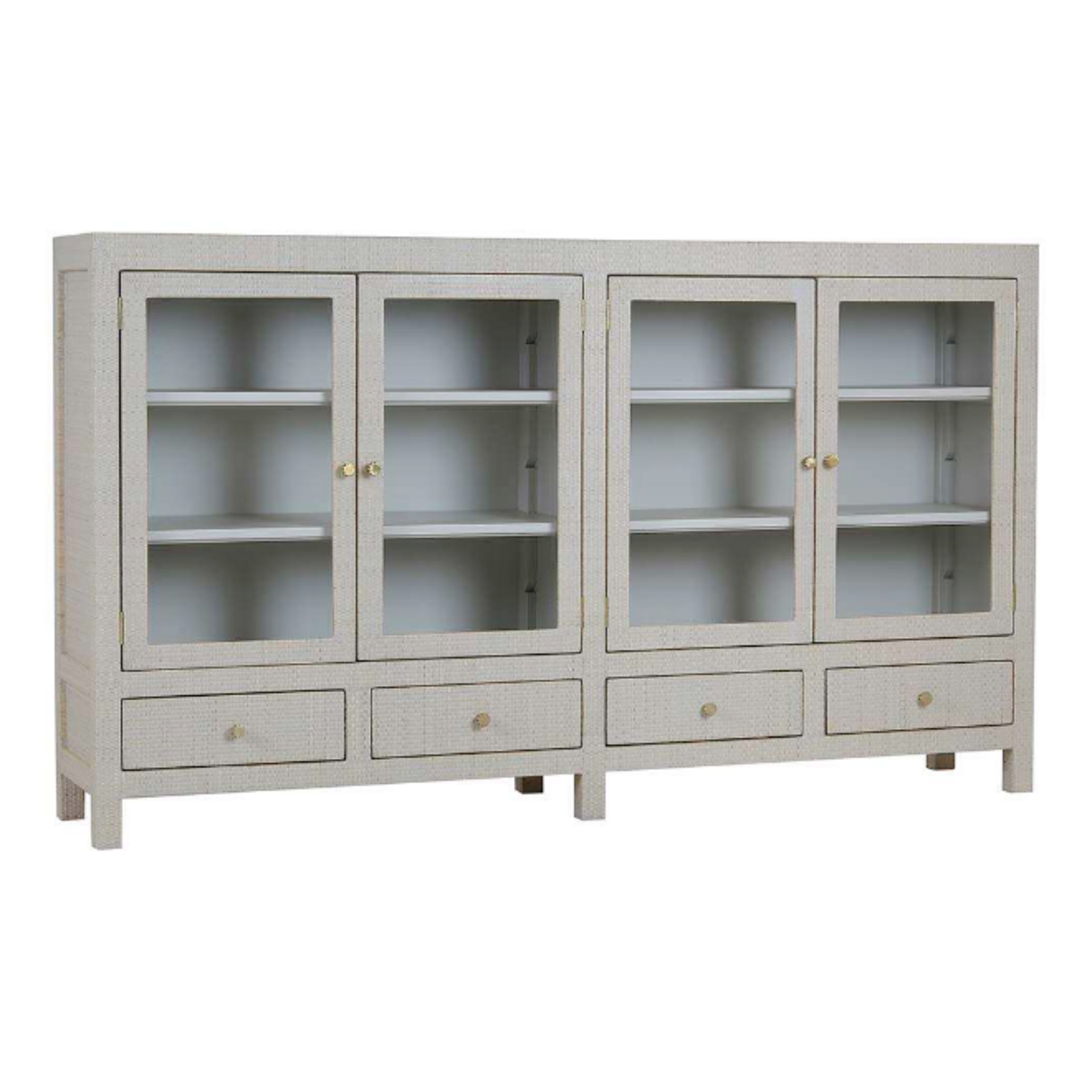 Outside The Box 84x16x48 Kagu Rattan 4 Door Low Cabinet In White - RT01