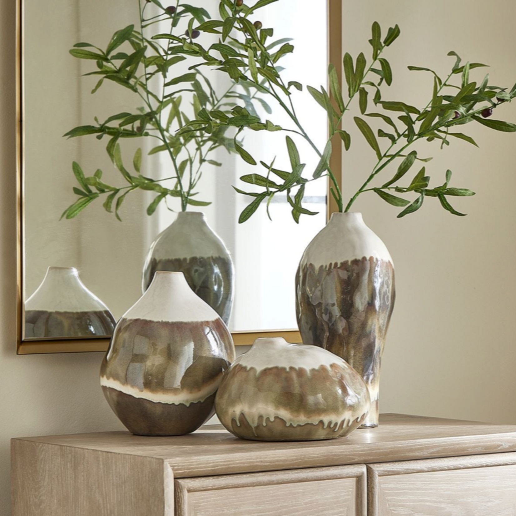 Outside The Box 14",10" & 6" Set of 3 Earthflow Ivory With Earthy Tones Indoor/Outdoor Ceramic Vase