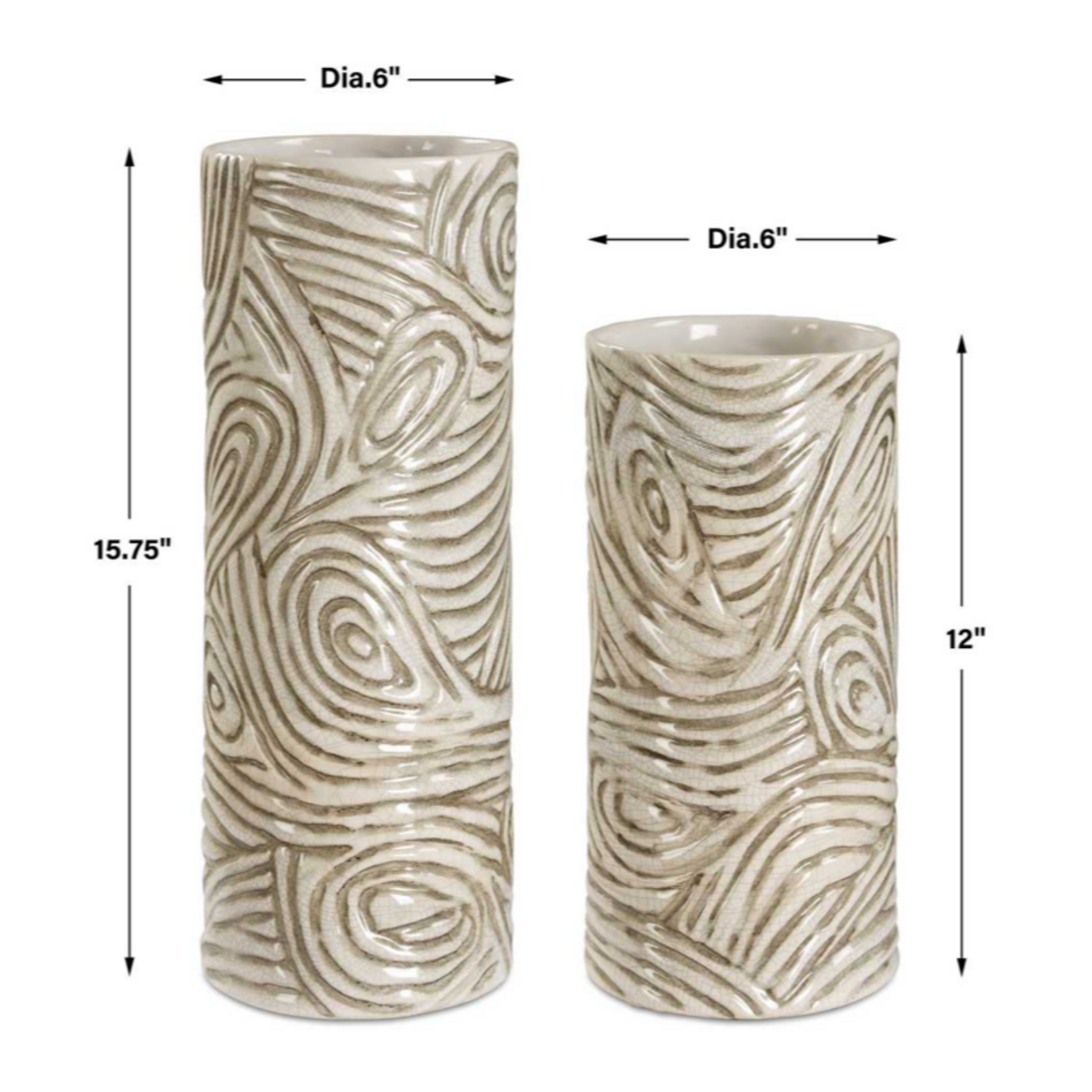 Outside The Box 16" & 12" Set of 2 Timber Taupe Hand-Carved Swirl Vases