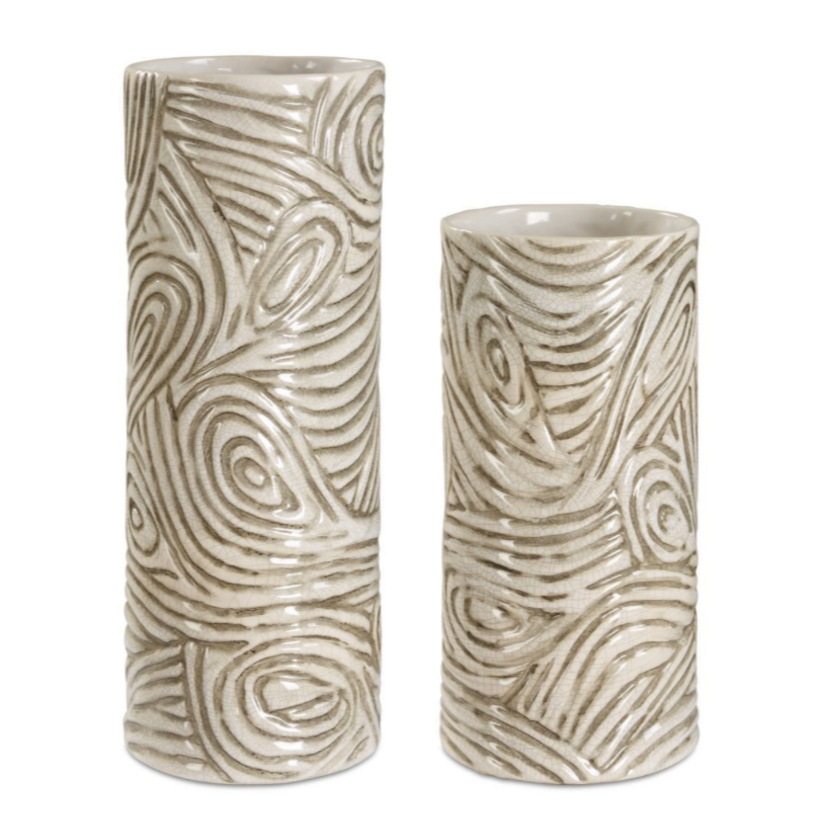 Outside The Box 16" & 12" Set of 2 Timber Taupe Hand-Carved Swirl Vases
