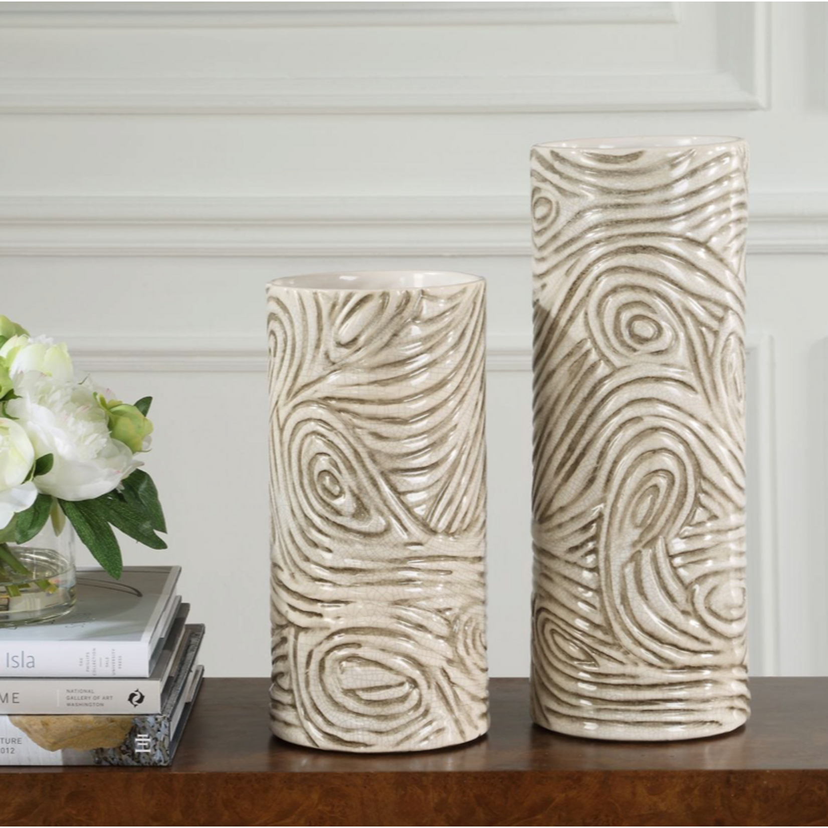 Outside The Box 16" & 12" Set of 2 Timber Taupe Hand-Carved Swirl Vases