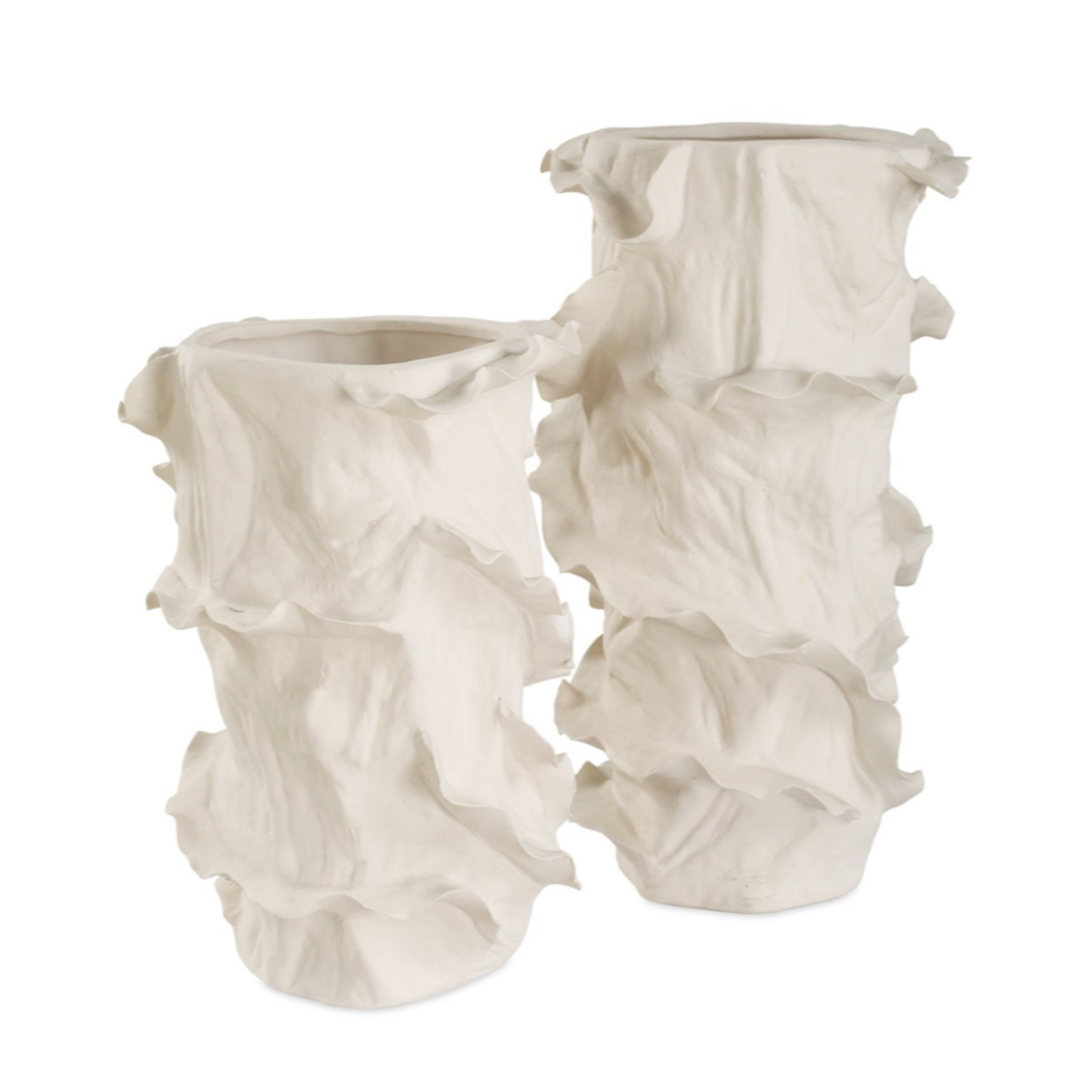 Outside The Box 14" & 11" Set of 2 Ripple Crest White Ruffled Edges Vases