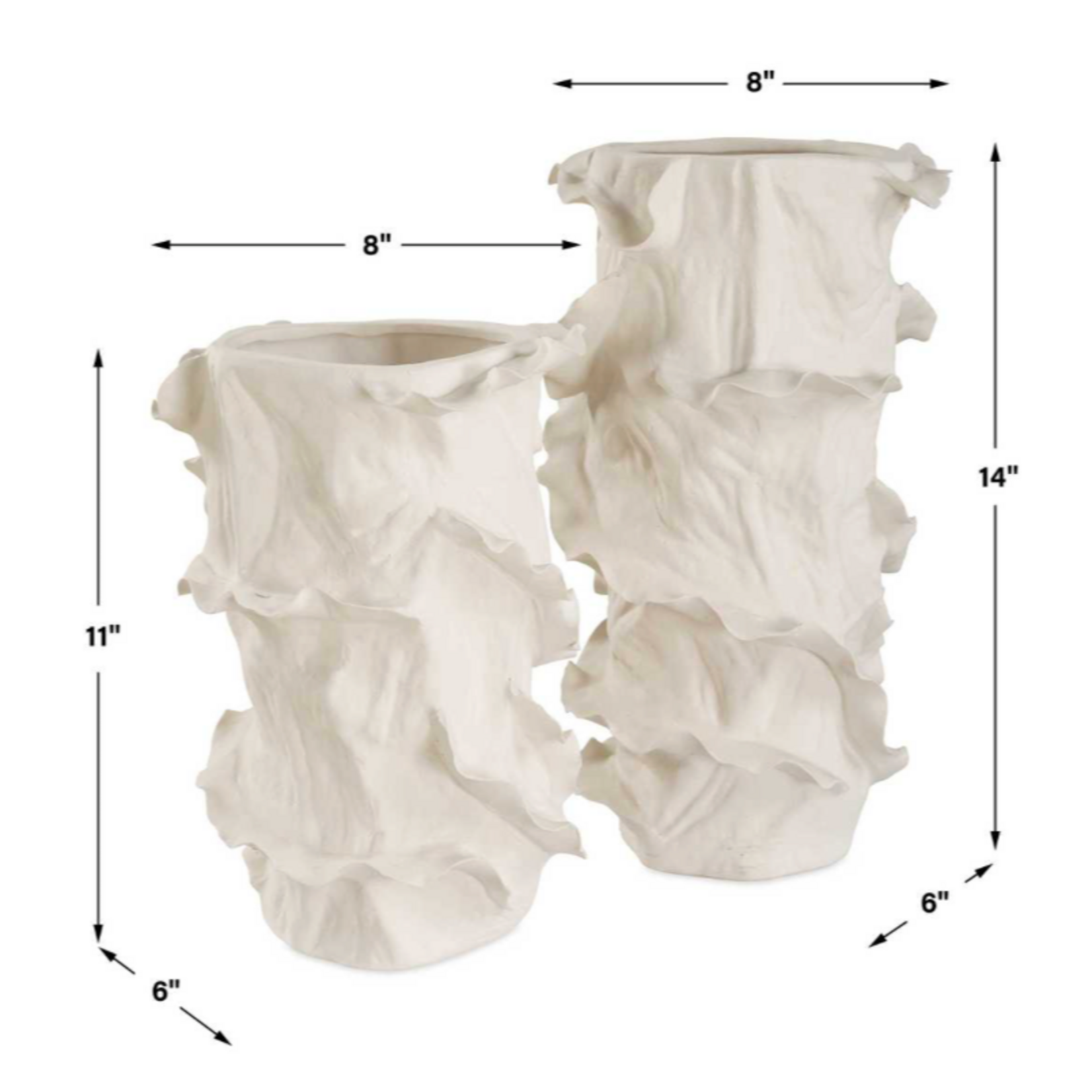 Outside The Box 14" & 11" Set of 2 Ripple Crest White Ruffled Edges Vases