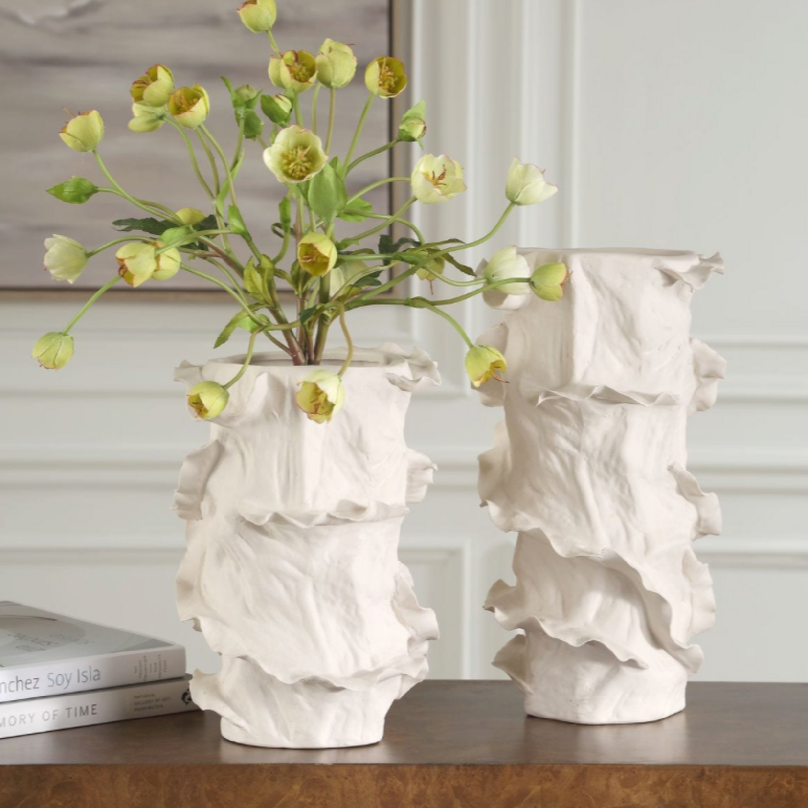 Outside The Box 14" & 11" Set of 2 Ripple Crest White Ruffled Edges Vases