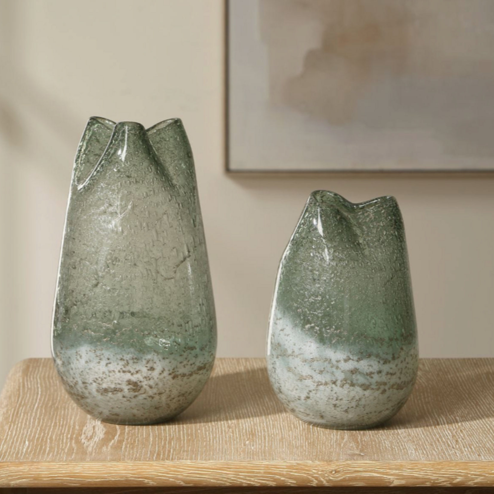 Outside The Box 12" & 9" Set Of 2 Chianti Bluish-Green & Milky White Glass Vases