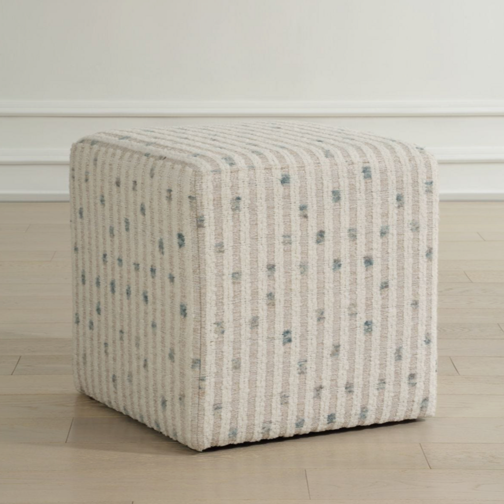 Outside The Box 18x18 Joie White Chenille Stripe With Dots Of Sea Blue Ottoman