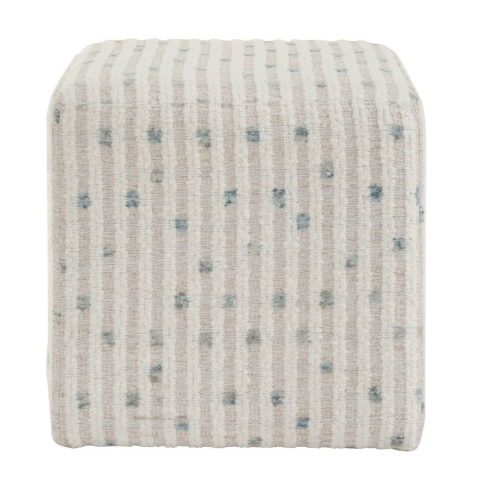Outside The Box 18x18 Joie White Chenille Stripe With Dots Of Sea Blue Ottoman