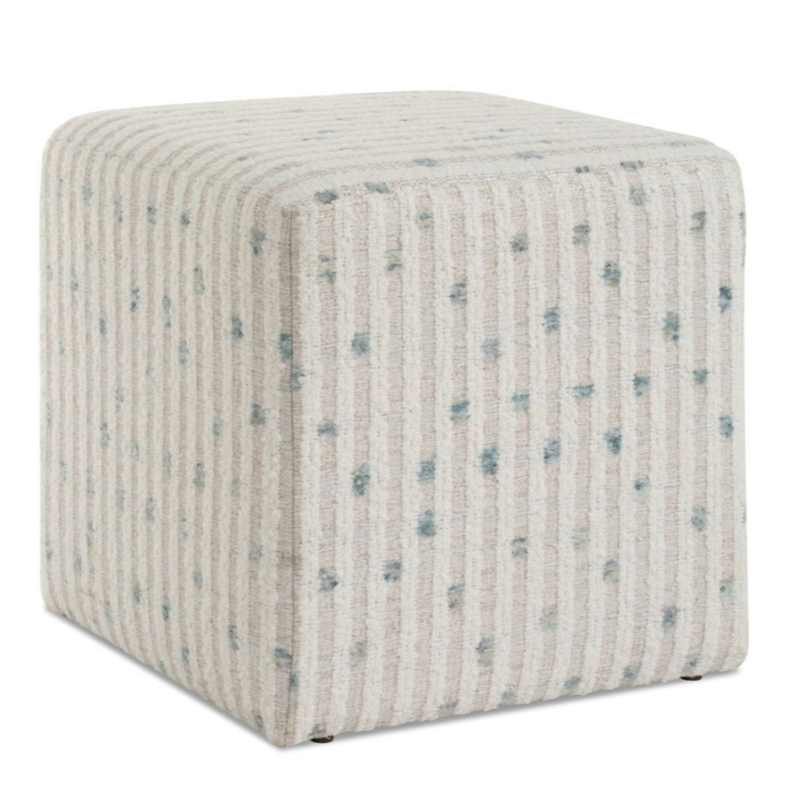 Outside The Box 18x18 Joie White Chenille Stripe With Dots Of Sea Blue Ottoman